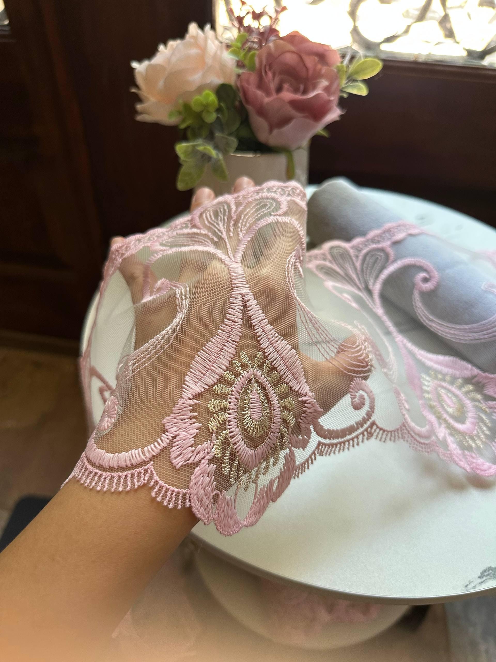 Dusty Pink Gold Embroidered Organza Lace Trim by the Yard, Wide Structured Scroll Ribbon for Curtain Pillow Home Decor Crafts, 7.2"