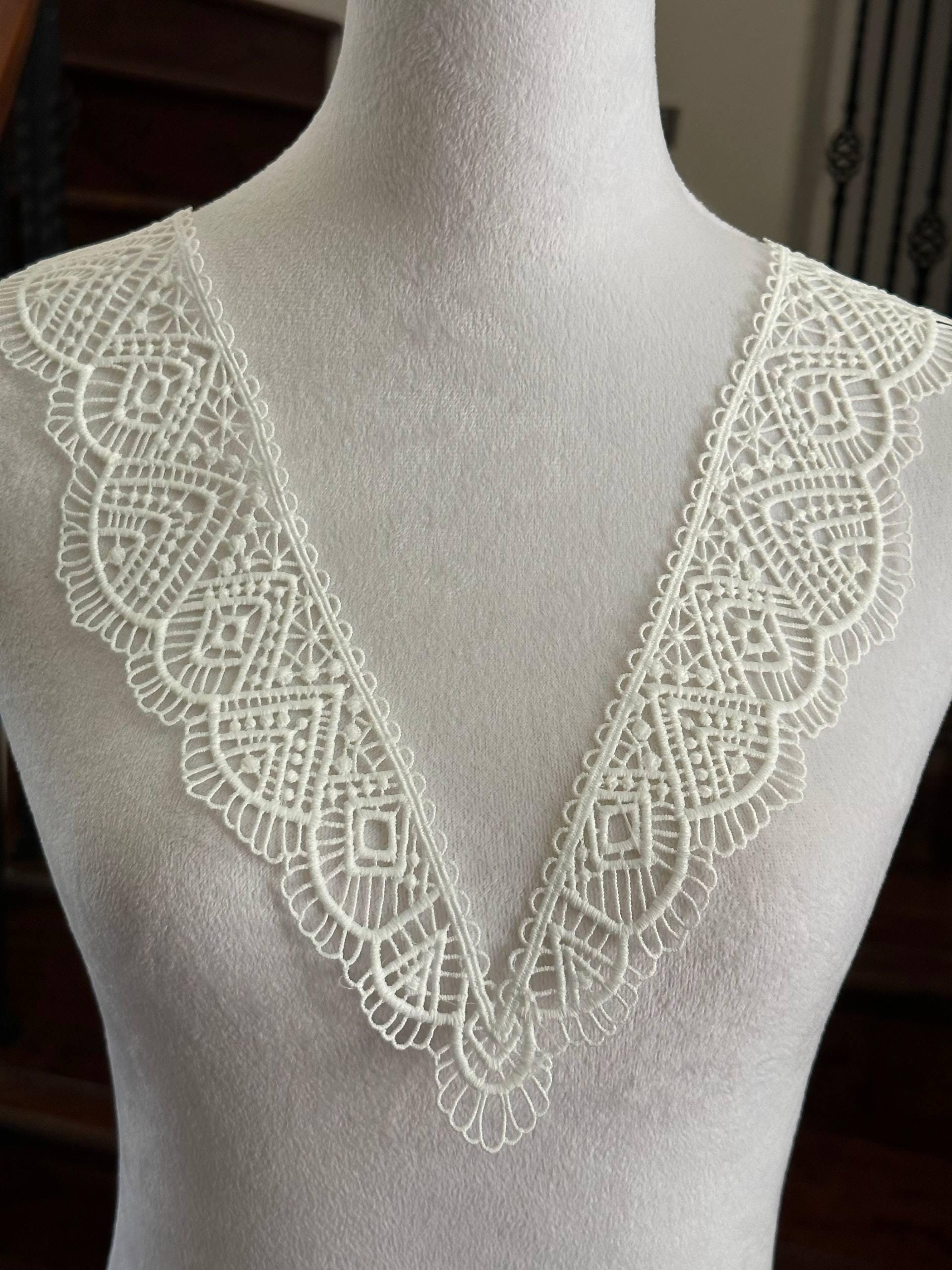 Cream White Geometric V-Neck Guipure Lace Collar Applique, Symmetrical Detachable Embroidered Neckline for Dress Sewing, 12"x2.7"