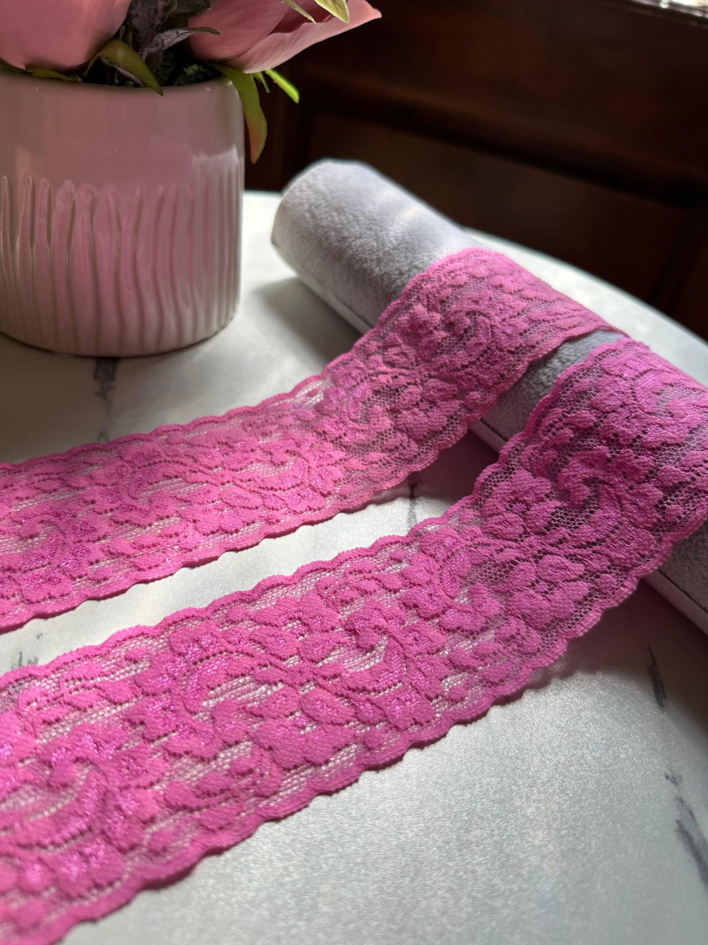 Rose Orchid Pink Floral Stretch Elastic Lace Trim by the Yard, Wide Scalloped Galloon Ribbon for Lingerie Bridal Sewing Crafts, 2"