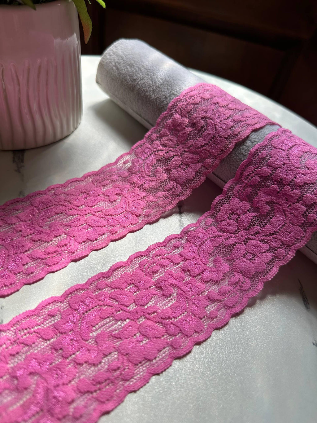 Rose Orchid Pink Floral Stretch Elastic Lace Trim by the Yard, Wide Scalloped Galloon Ribbon for Lingerie Bridal Sewing Crafts, 2"