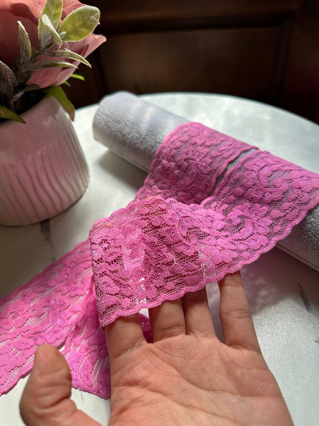 Rose Orchid Pink Floral Stretch Elastic Lace Trim by the Yard, Wide Scalloped Galloon Ribbon for Lingerie Bridal Sewing Crafts, 2"