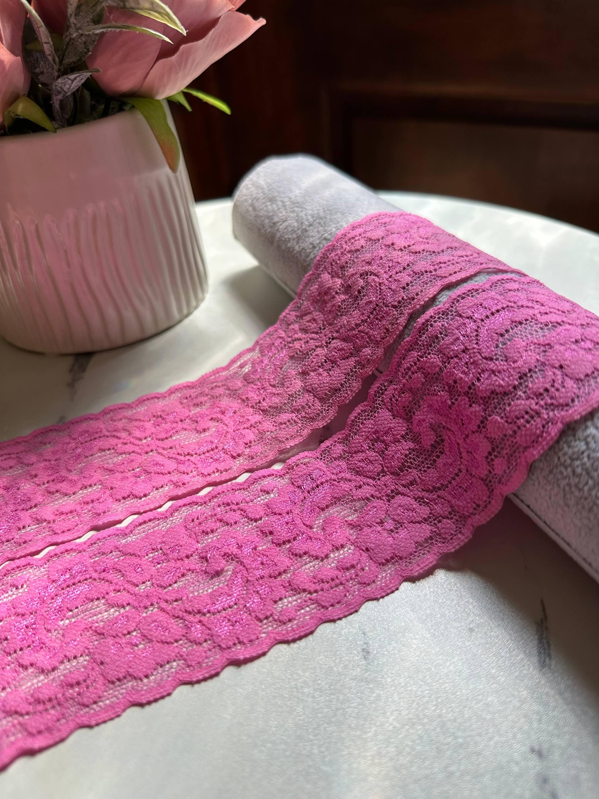 Rose Orchid Pink Floral Stretch Elastic Lace Trim by the Yard, Wide Scalloped Galloon Ribbon for Lingerie Bridal Sewing Crafts, 2"