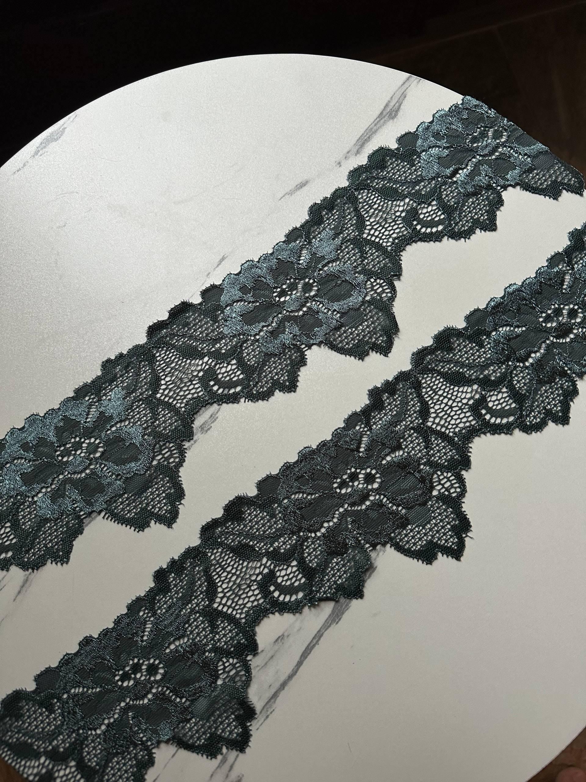 Deep Forest Green Floral Stretch Elastic Lace Trim Symmetrical Double Scalloped Wide Galloon Ribbon for Lingerie Underwear Crafts Sewing, 3"