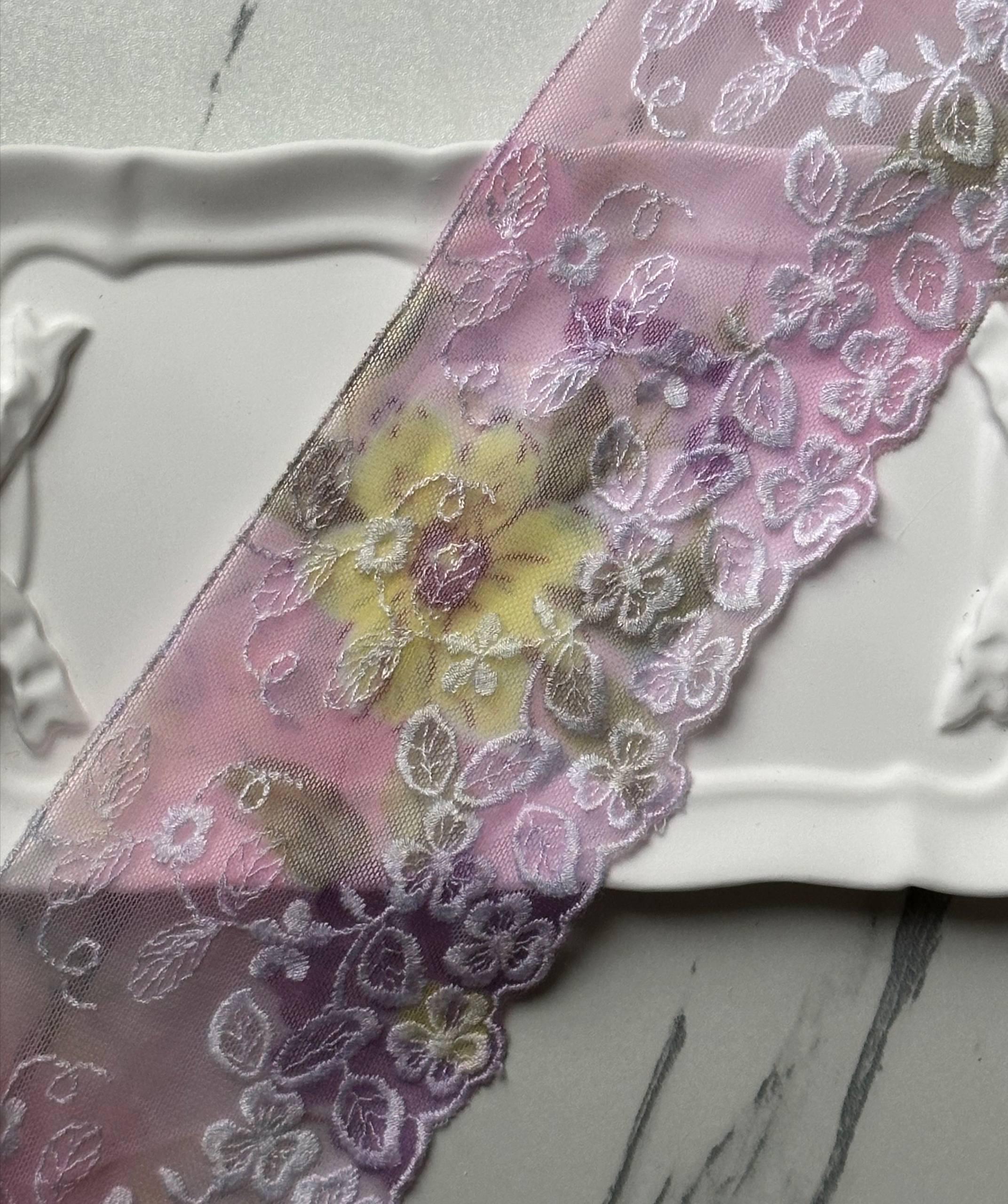 Gradient Floral Embroidered Mesh Tulle Lace Trim Single Scalloped Pink Yellow Purple Non Stretch Ribbon for Gowns Lingerie Crafts, 3"