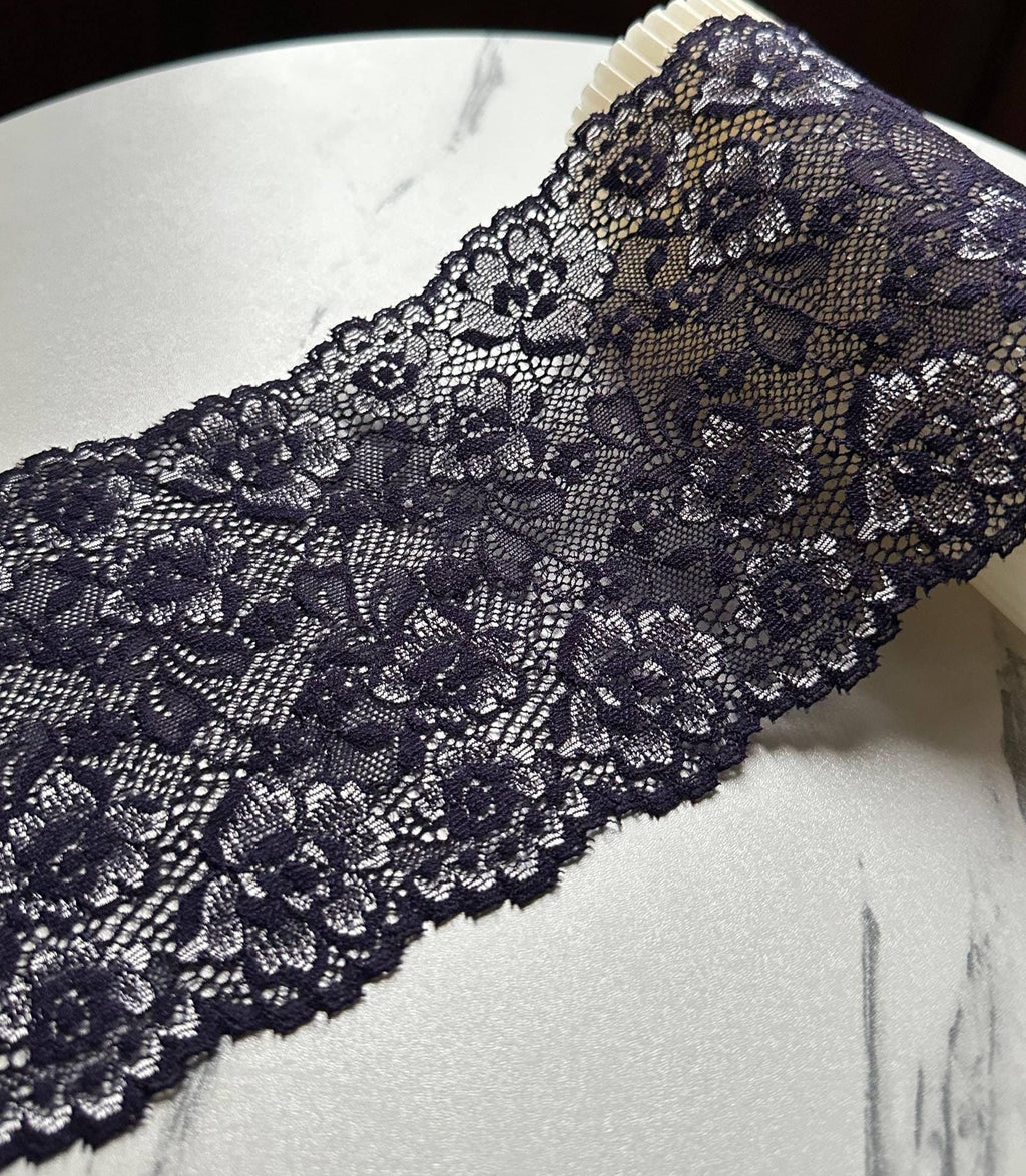 Dark Indigo Navy Violet Floral Stretch Elastic Lace Trim Symmetrical Double Scalloped Wide Galloon Ribbon fs Crafts Sewing, 4.85"
