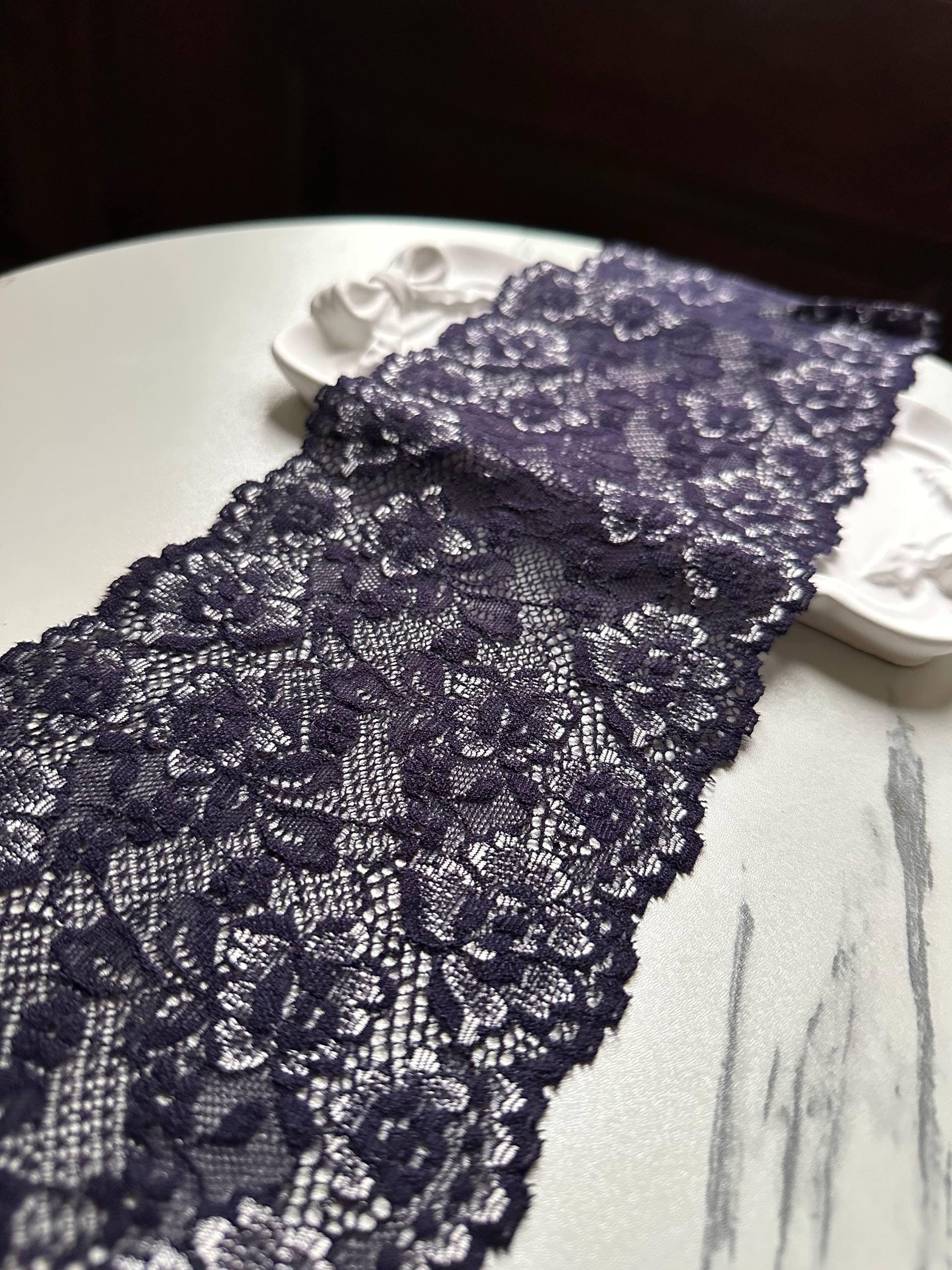 Dark Indigo Navy Violet Floral Stretch Elastic Lace Trim Symmetrical Double Scalloped Wide Galloon Ribbon fs Crafts Sewing, 4.85"