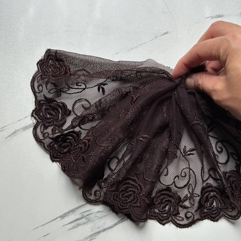 Espresso Brown Rose Embroidered Tulle Mesh Lace Trim by the Yard, Soft Wide Sheer Floral Ribbon for Lingerie Bridal Veil, 6"