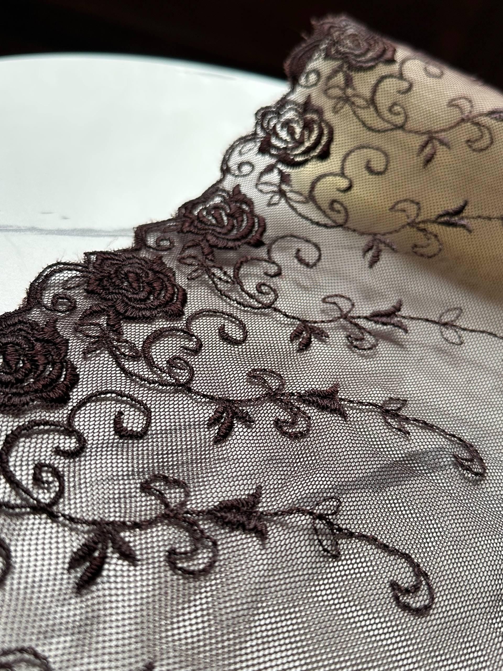 Espresso Brown Rose Embroidered Tulle Mesh Lace Trim by the Yard, Soft Wide Sheer Floral Ribbon for Lingerie Bridal Veil, 6"