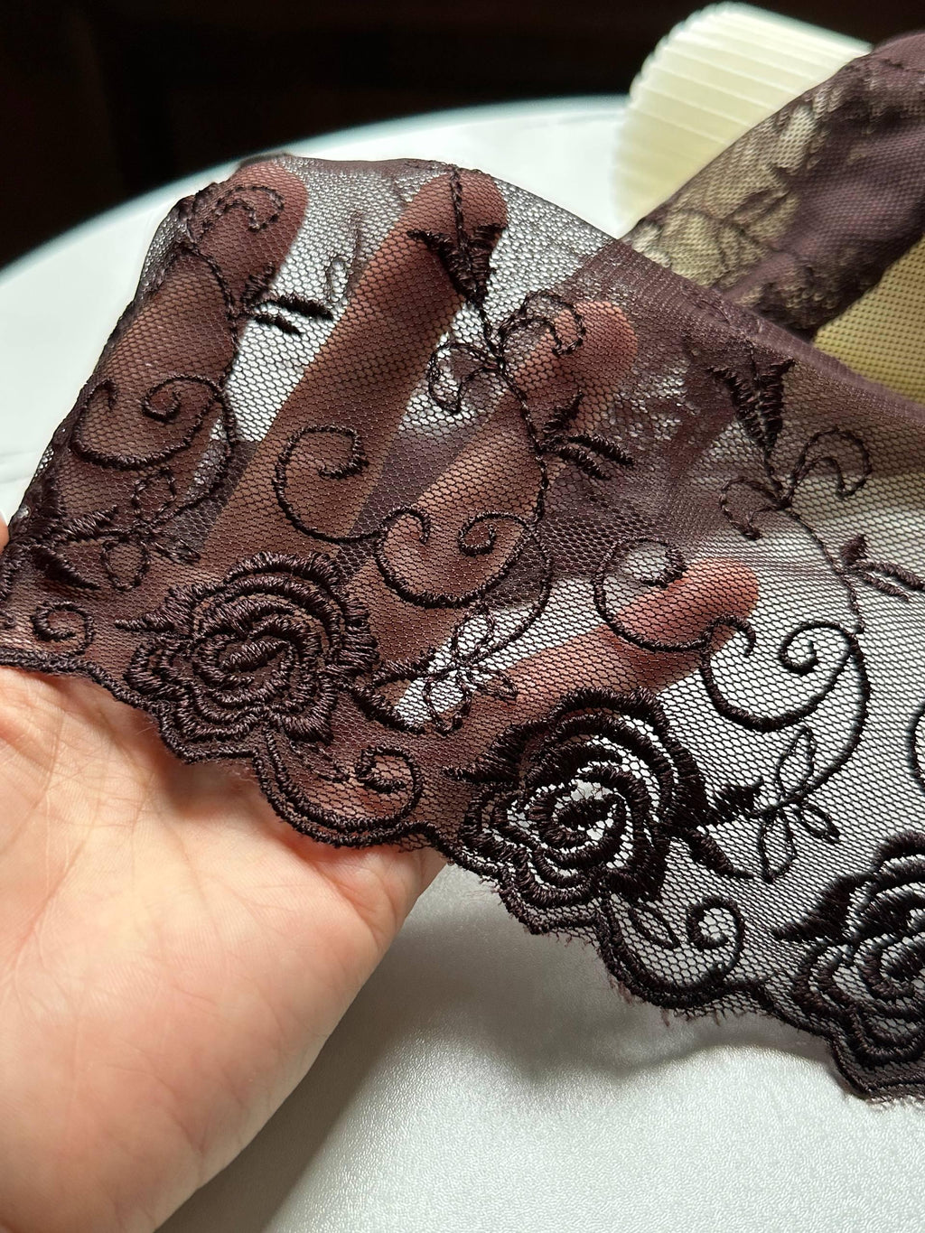 Espresso Brown Rose Embroidered Tulle Mesh Lace Trim by the Yard, Soft Wide Sheer Floral Ribbon for Lingerie Bridal Veil, 6"