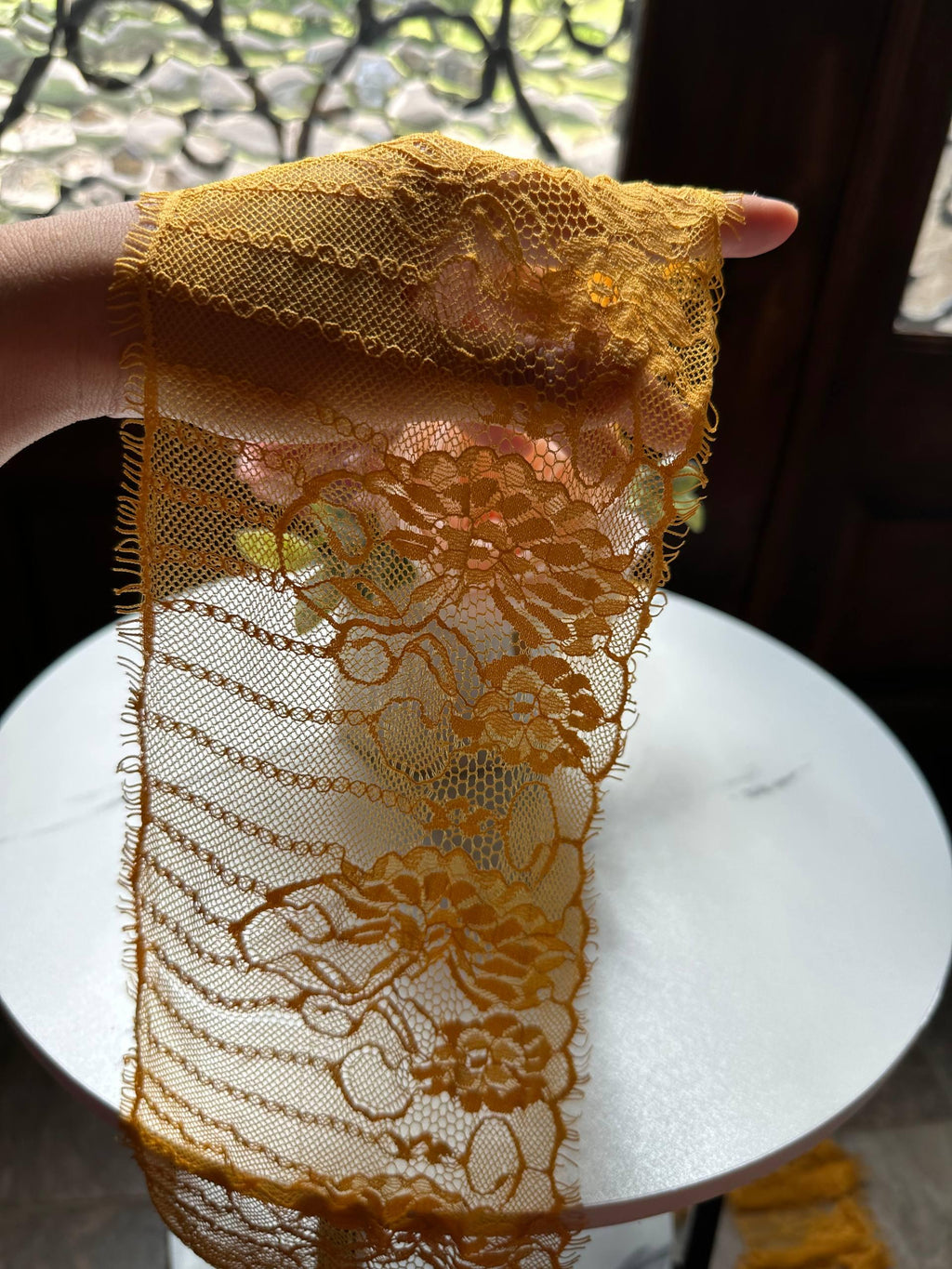 Mustard Yellow Chantilly Eyewinker Eyelash Lace Trim 3.3 Yards Piece, Floral Striped Sheer Galloon Border for Lingerie Bridal, 4.5"
