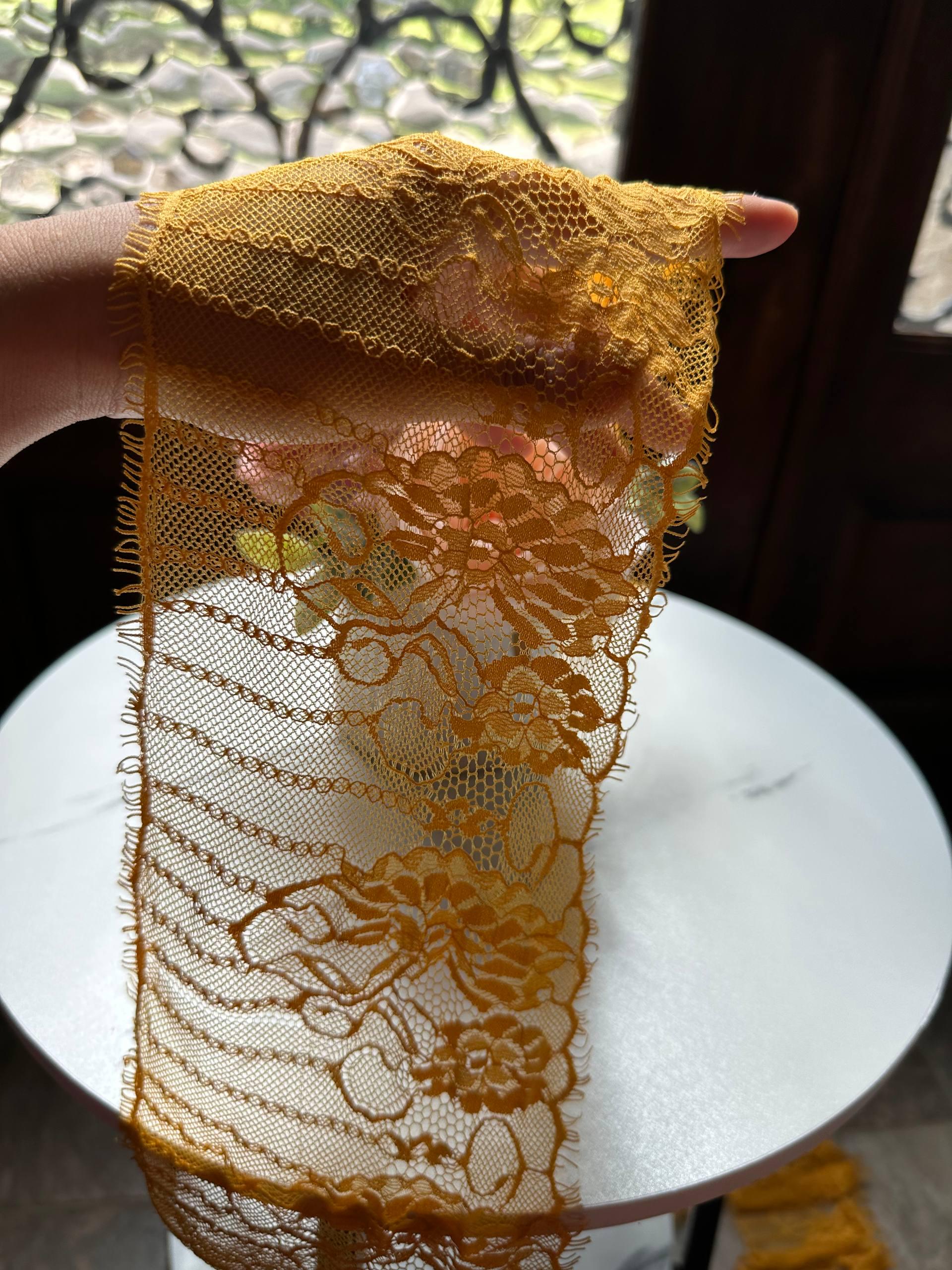 Mustard Yellow Chantilly Eyewinker Eyelash Lace Trim 3.3 Yards Piece, Floral Striped Sheer Galloon Border for Lingerie Bridal, 4.5"