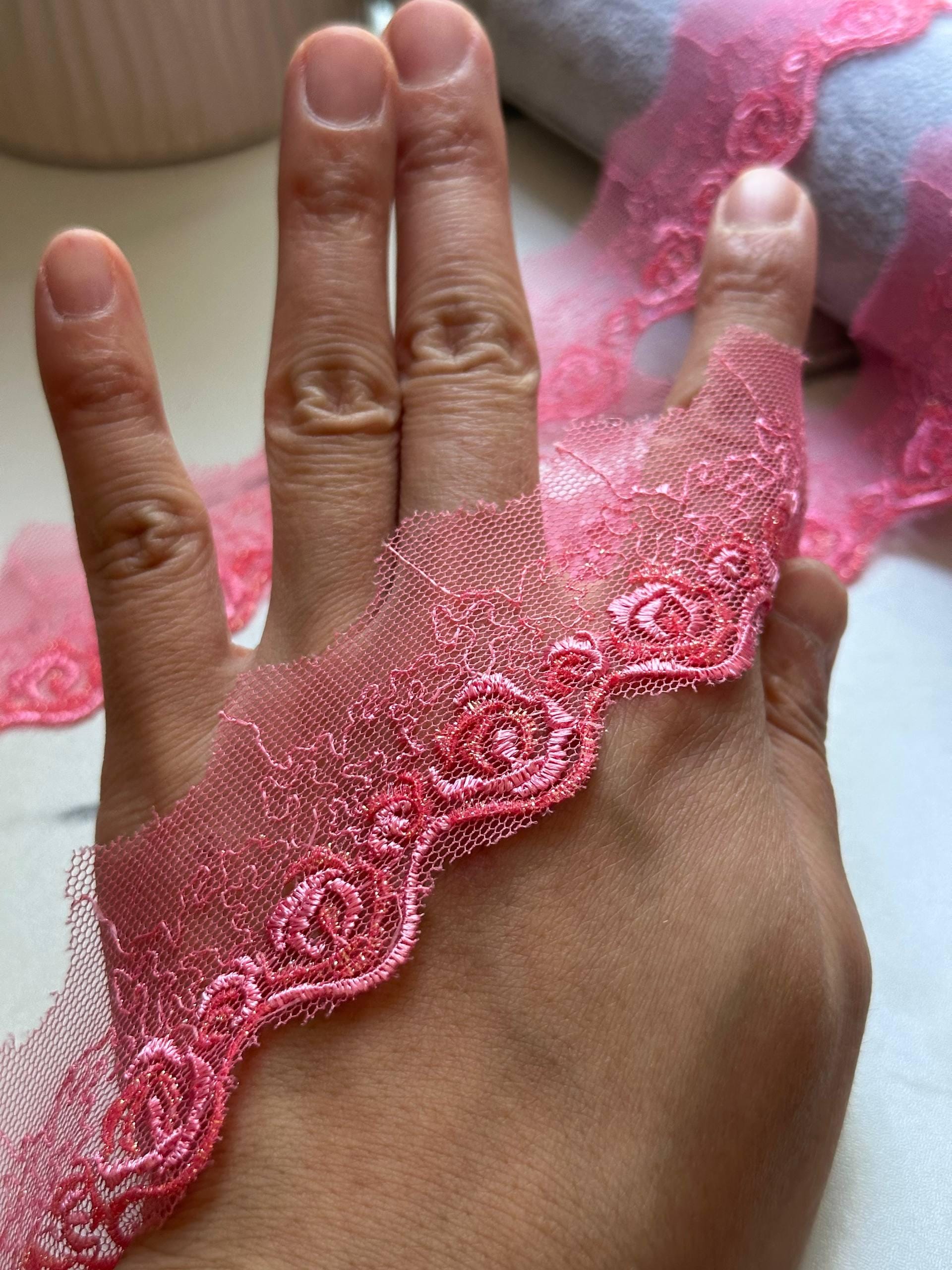 Glitter Pink Rose Embroidered Mesh Organza Lace Trim by the Yard, Narrow Shimmer Metallic Ribbon for Craft Junk Journal, 1"