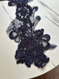 Midnight Navy Corded Floral Lace Applique Motif, 3D Heavy Embroidered Mesh Patch for Bridal Gown Dress Sewing, 12"