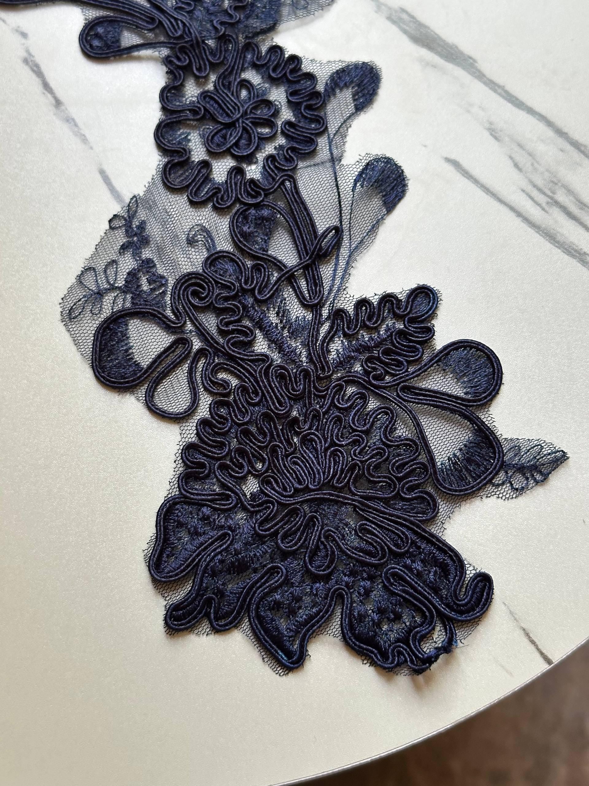 Midnight Navy Corded Floral Lace Applique Motif, 3D Heavy Embroidered Mesh Patch for Bridal Gown Dress Sewing, 12"