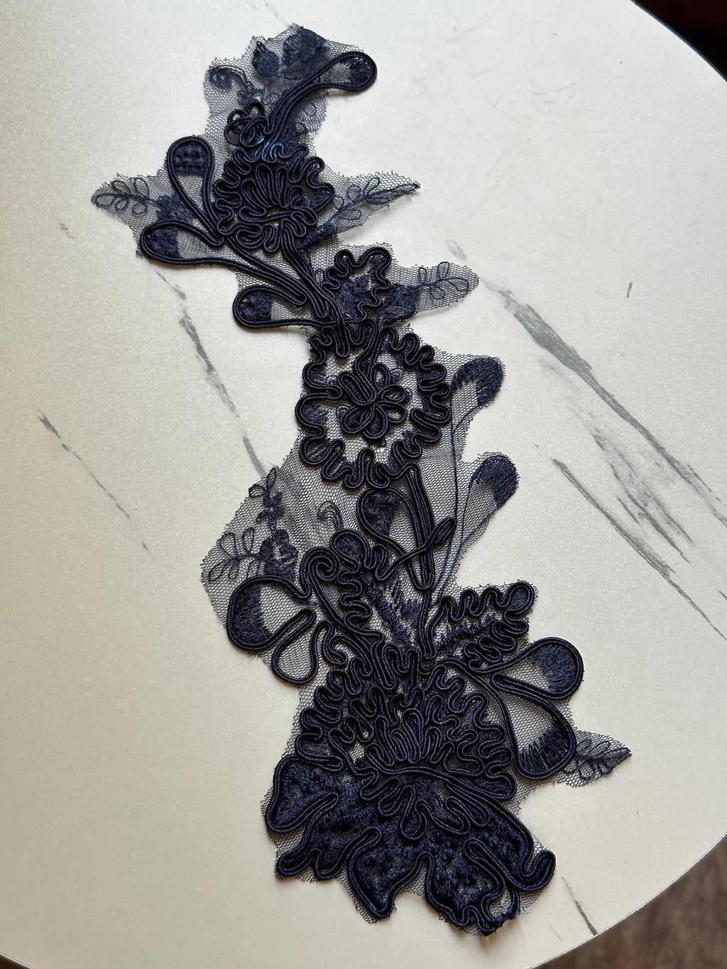 Midnight Navy Corded Floral Lace Applique Motif, 3D Heavy Embroidered Mesh Patch for Bridal Gown Dress Sewing, 12"