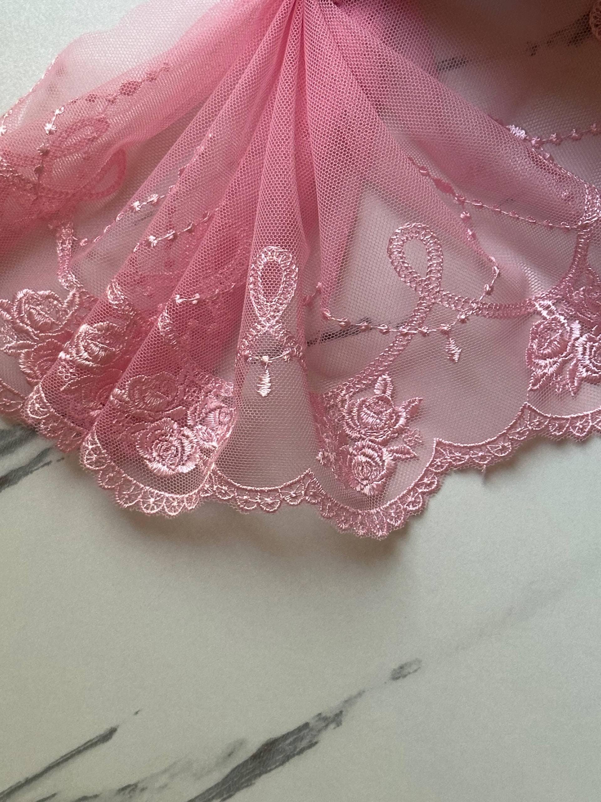 Light Baby Pink Rose Embroidered Mesh Tulle Lace Trim Symmetrical Double Scalloped Wide Galloon Ribbon for Gowns Lingerie Crafts Sewing, 6"