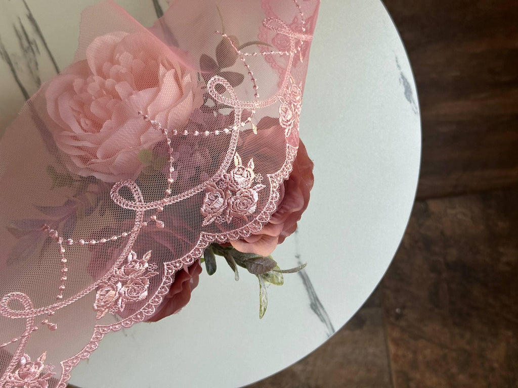 Light Baby Pink Rose Embroidered Mesh Tulle Lace Trim Symmetrical Double Scalloped Wide Galloon Ribbon for Gowns Lingerie Crafts Sewing, 6"