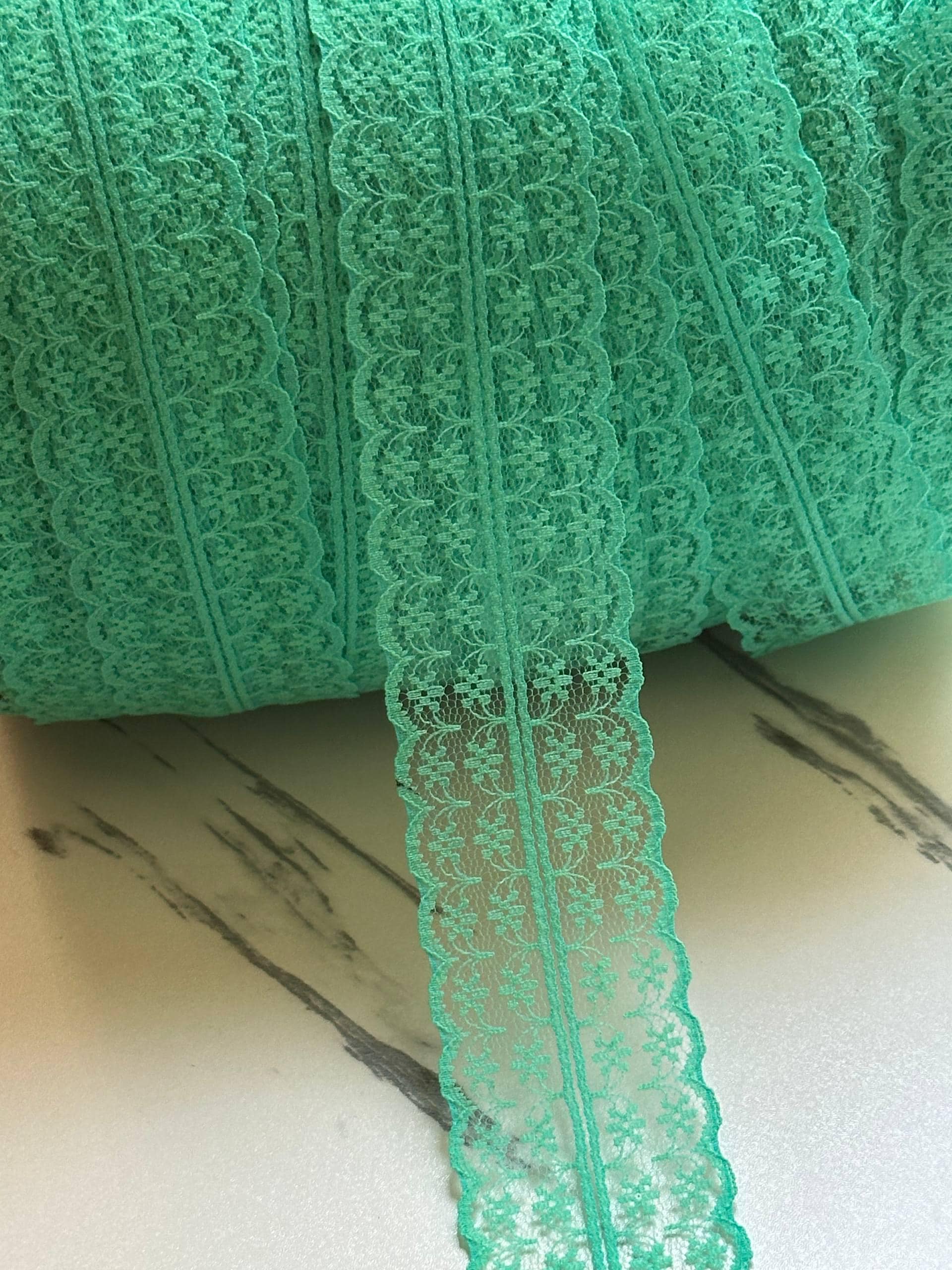 Mint Green Floral Rigid Lace Trim by the Yard, Structured Non Stretch Scalloped Galloon Ribbon for Hair Bows Crafts, 1.75"