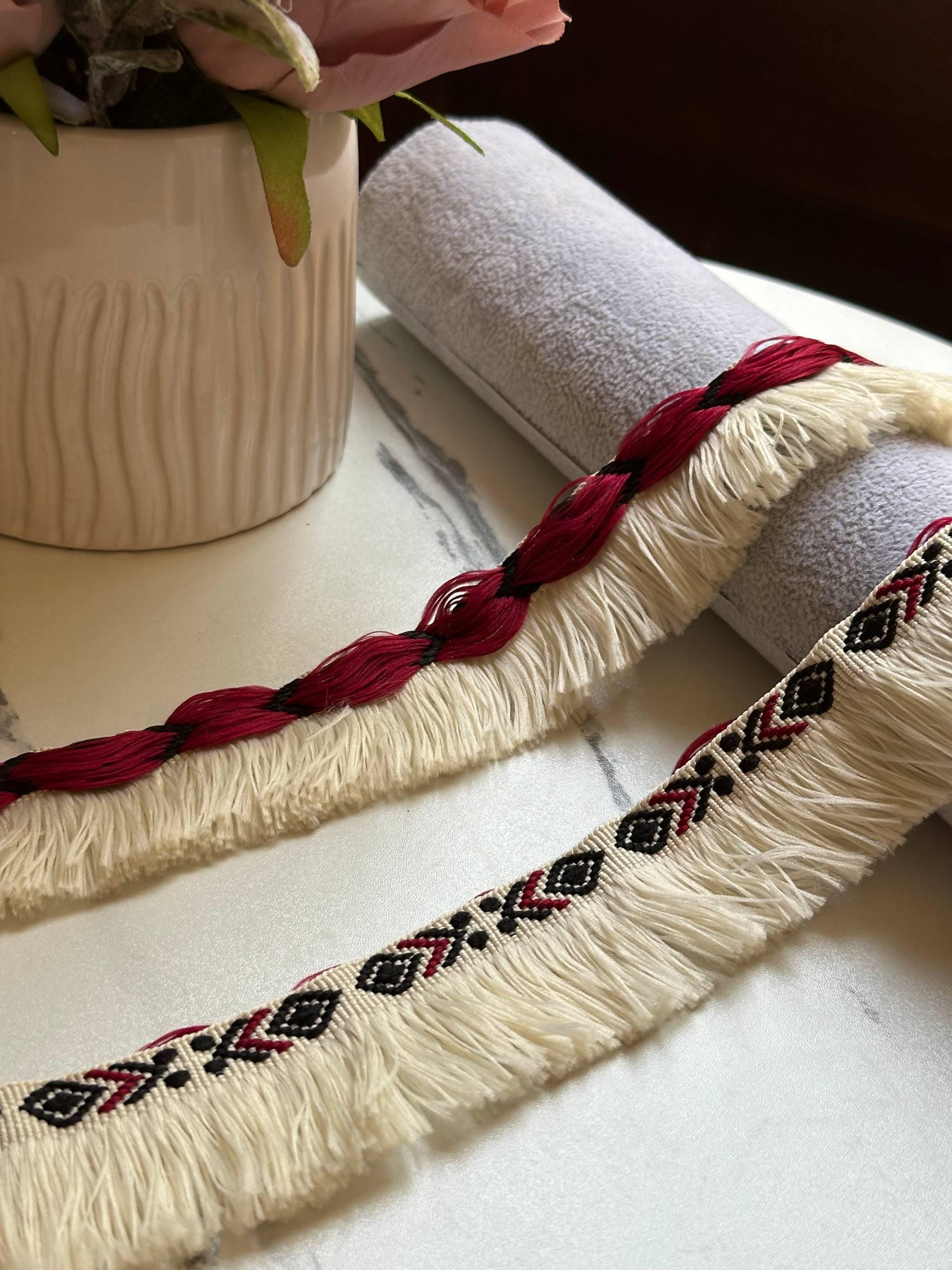 Burgundy Black Tribal Geometric Brush Fringe Trim by the Yard, Cotton Woven Jacquard Tassel Trim for Pillows Home Decor, 1.75"