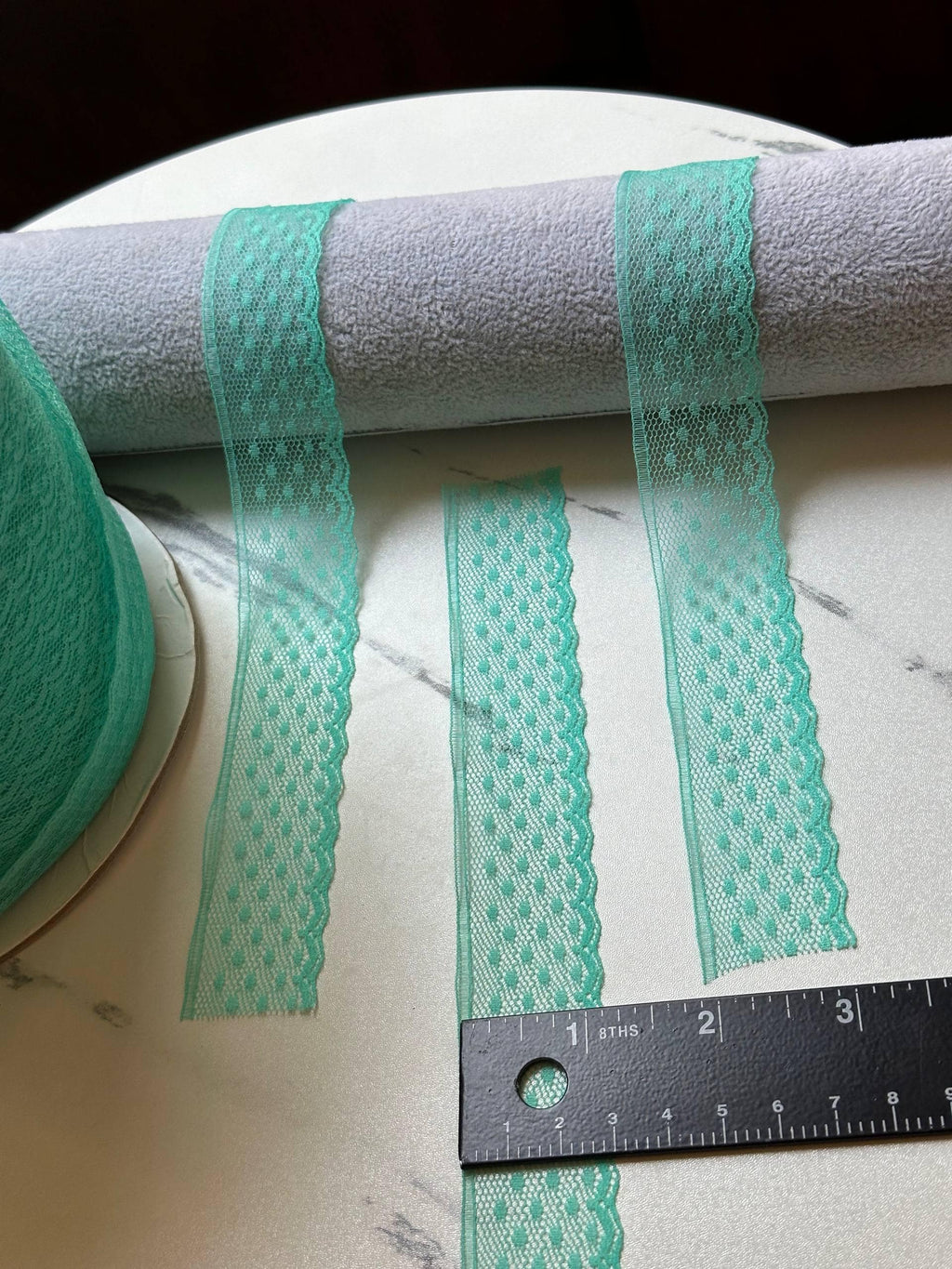 Mint Green Polka Dot Mesh Lace Trim by the Yard, Narrow Sheer Point d'Esprit Scalloped Ribbon for Lingerie Crafts, 1.1"