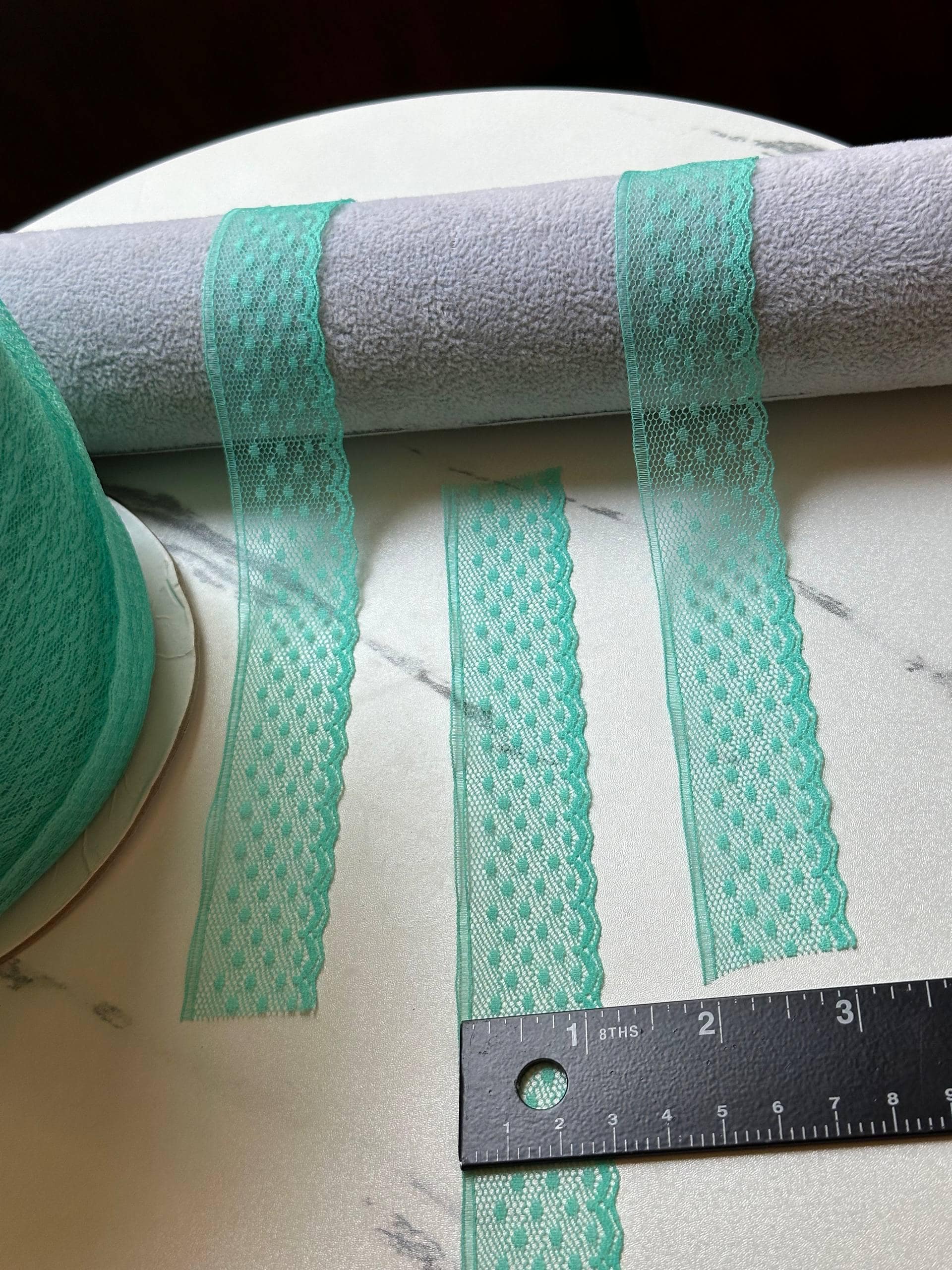 Mint Green Polka Dot Mesh Lace Trim by the Yard, Narrow Sheer Point d'Esprit Scalloped Ribbon for Lingerie Crafts, 1.1"