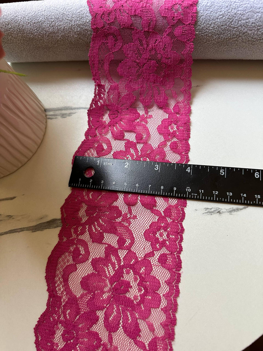 Magenta Fuchsia Pink Floral Non Stretch Lace Trim by the Yard, Wide Scalloped Galloon Ribbon for Bridal Apparel Crafts, 3.9"