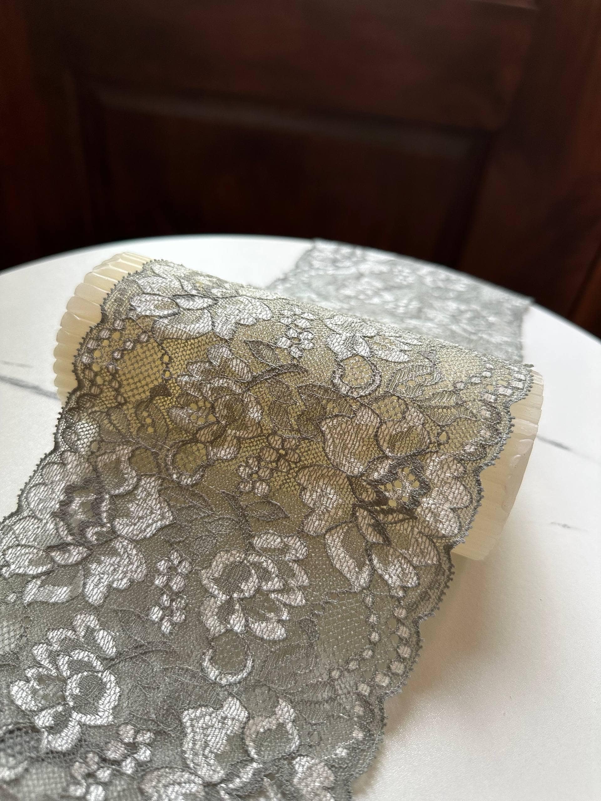 Sage Silver Gray Cordonnet Corded Stretch Elastic Lace Trim Symmetrical Double Scalloped Wide Galloon Ribbon for  Crafts Sewing, 4.85"