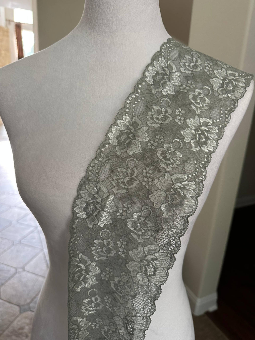 Sage Silver Gray Cordonnet Corded Stretch Elastic Lace Trim Symmetrical Double Scalloped Wide Galloon Ribbon for  Crafts Sewing, 4.85"