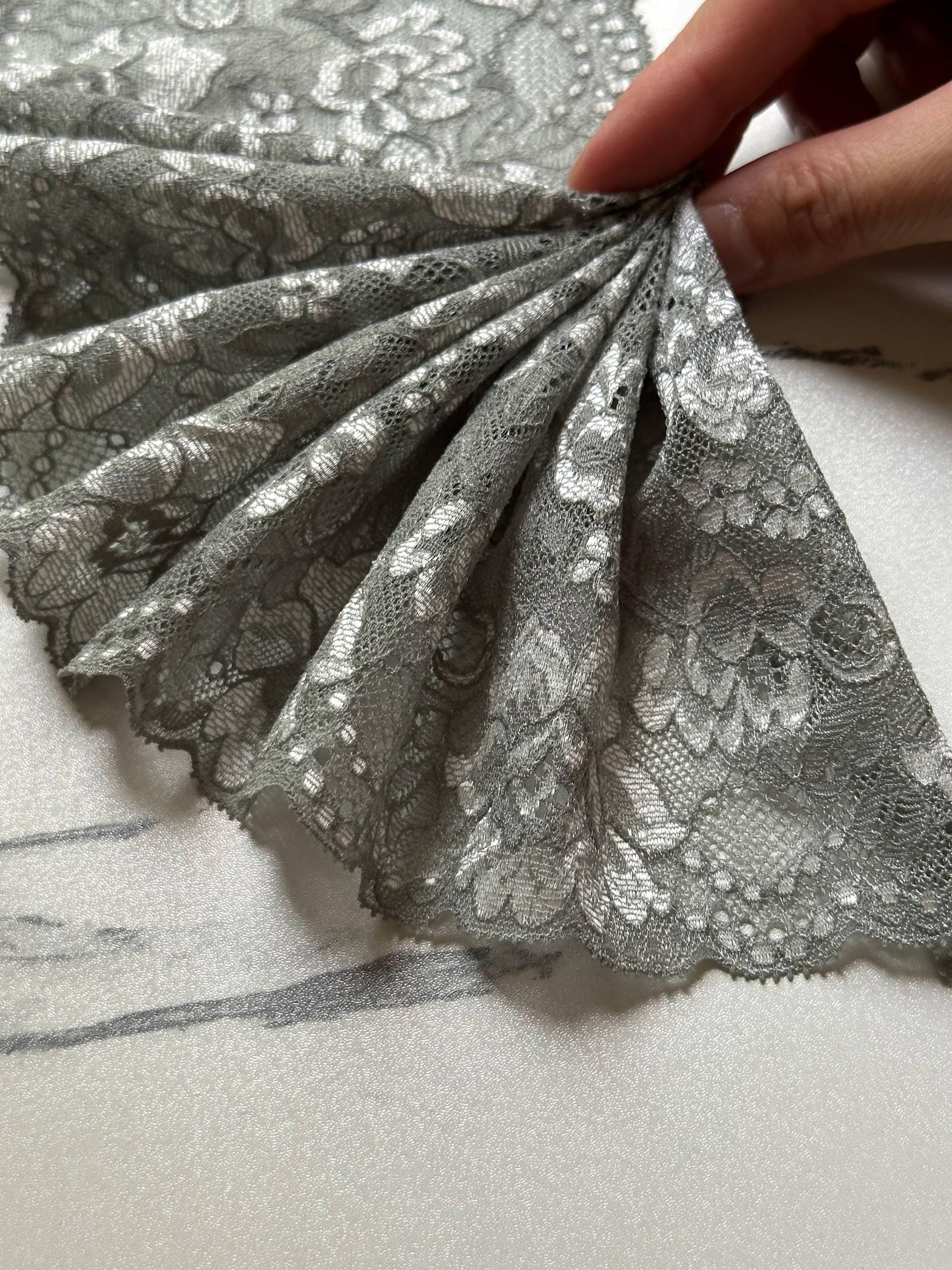 Sage Silver Gray Cordonnet Corded Stretch Elastic Lace Trim Symmetrical Double Scalloped Wide Galloon Ribbon for  Crafts Sewing, 4.85"
