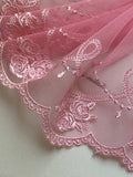 Light Baby Pink Rose Embroidered Mesh Tulle Lace Trim Symmetrical Double Scalloped Wide Galloon Ribbon for Gowns Lingerie Crafts Sewing, 6"