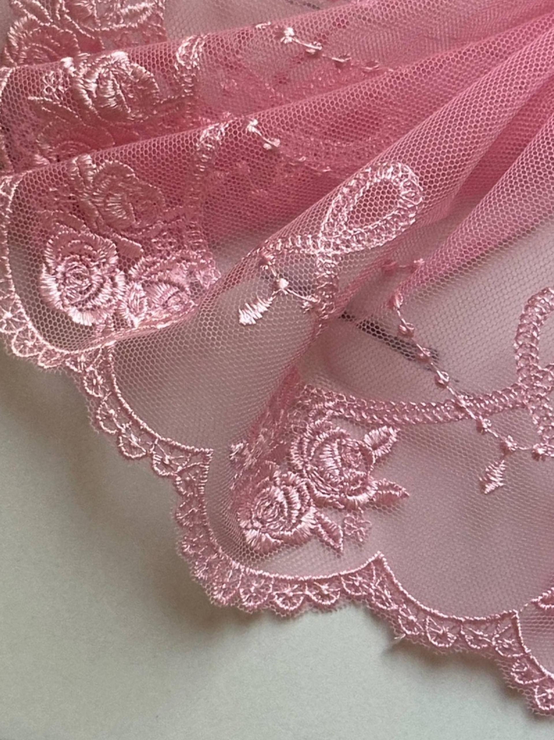 Light Baby Pink Rose Embroidered Mesh Tulle Lace Trim Symmetrical Double Scalloped Wide Galloon Ribbon for Gowns Lingerie Crafts Sewing, 6"