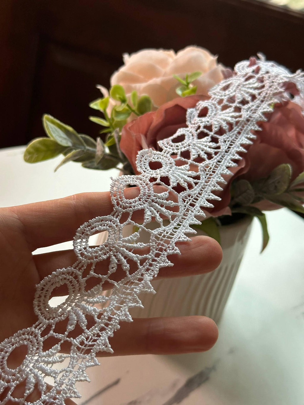 Off White Guipure Lace Trim Geometric Eyelet Water Soluble Venise Lace Ribbon Single Scalloped Border for Gowns Blouses Crafts, 1.5"