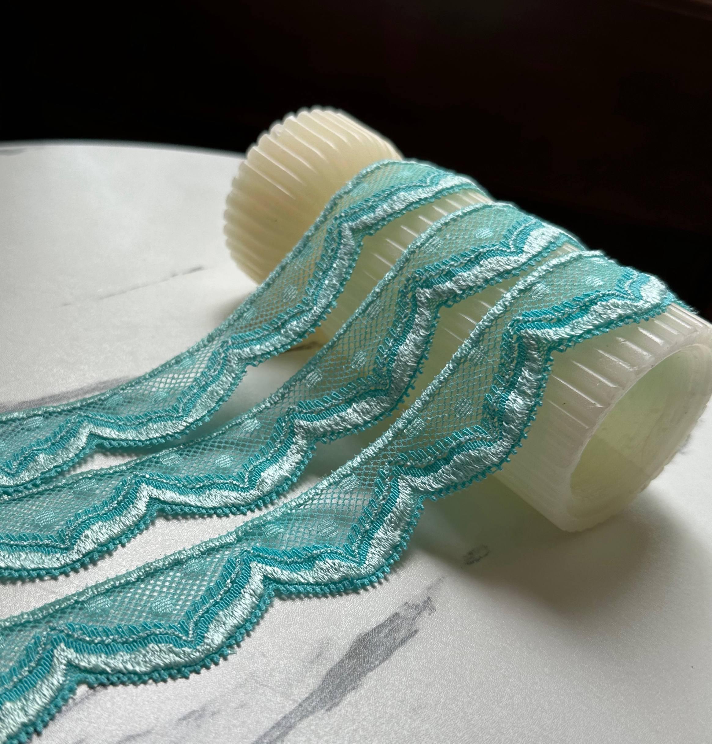 Mint Aqua Turquoise Swiss Dot Elastic Stretch Lace Trim Symmetrical Double Scalloped Narrow Ribbon for  Crafts Sewing, 1.1"