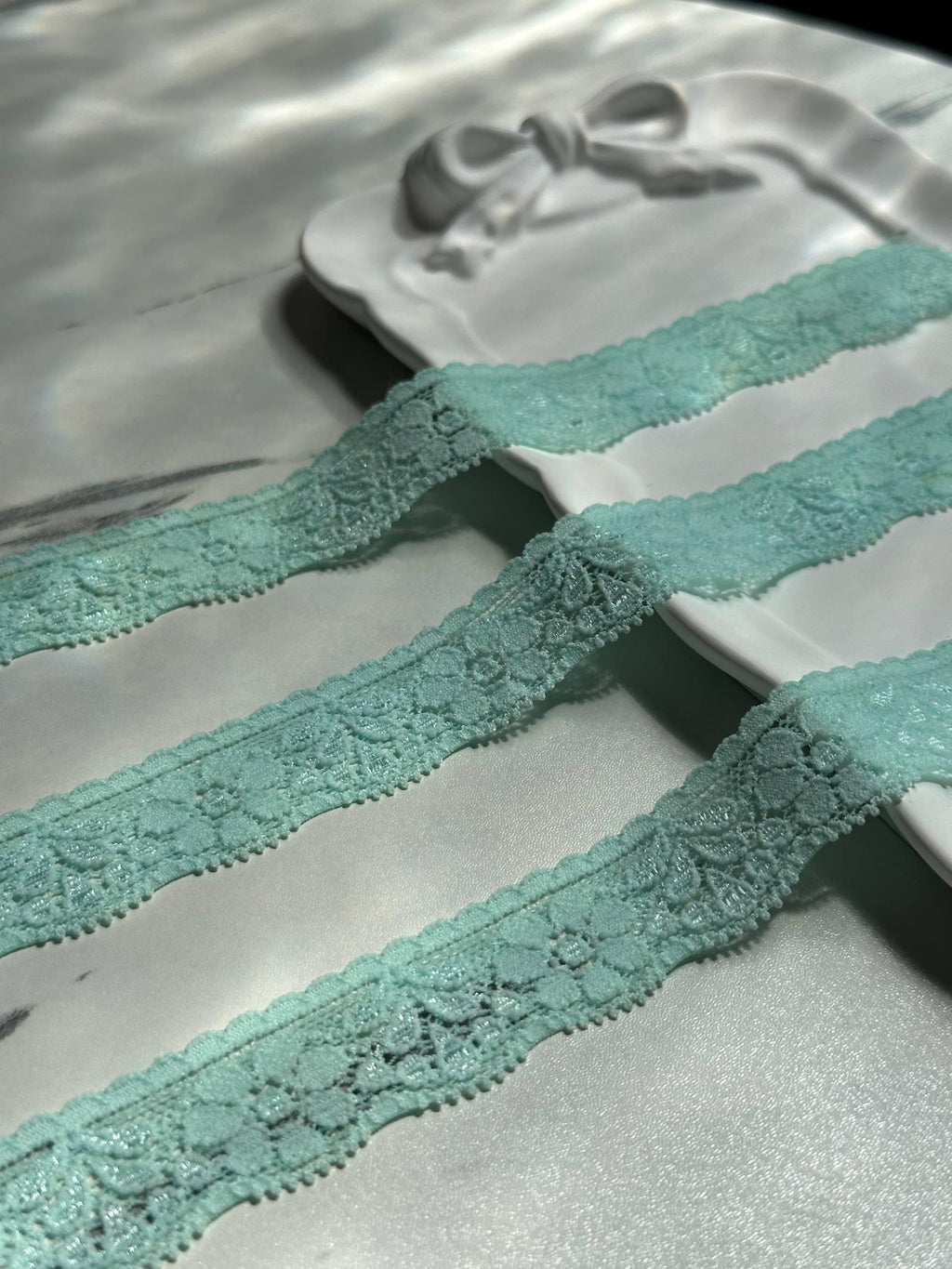 Mint Green Pastel Aqua Floral Stretch Elastic Lace Trim Symmetrical Double Scalloped Narrow Ribbon for Lingerie Craft Sewing, 0.85"