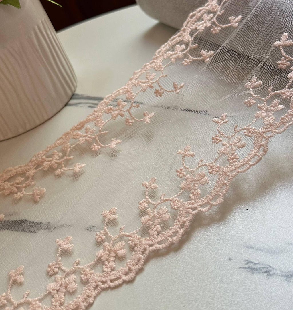 Blush Pink Double Scalloped Embroidered Mesh Non Stretch Lace Trim by the Yard, Cuttable Sheer Floral Ribbon for Bridal, 4.5"