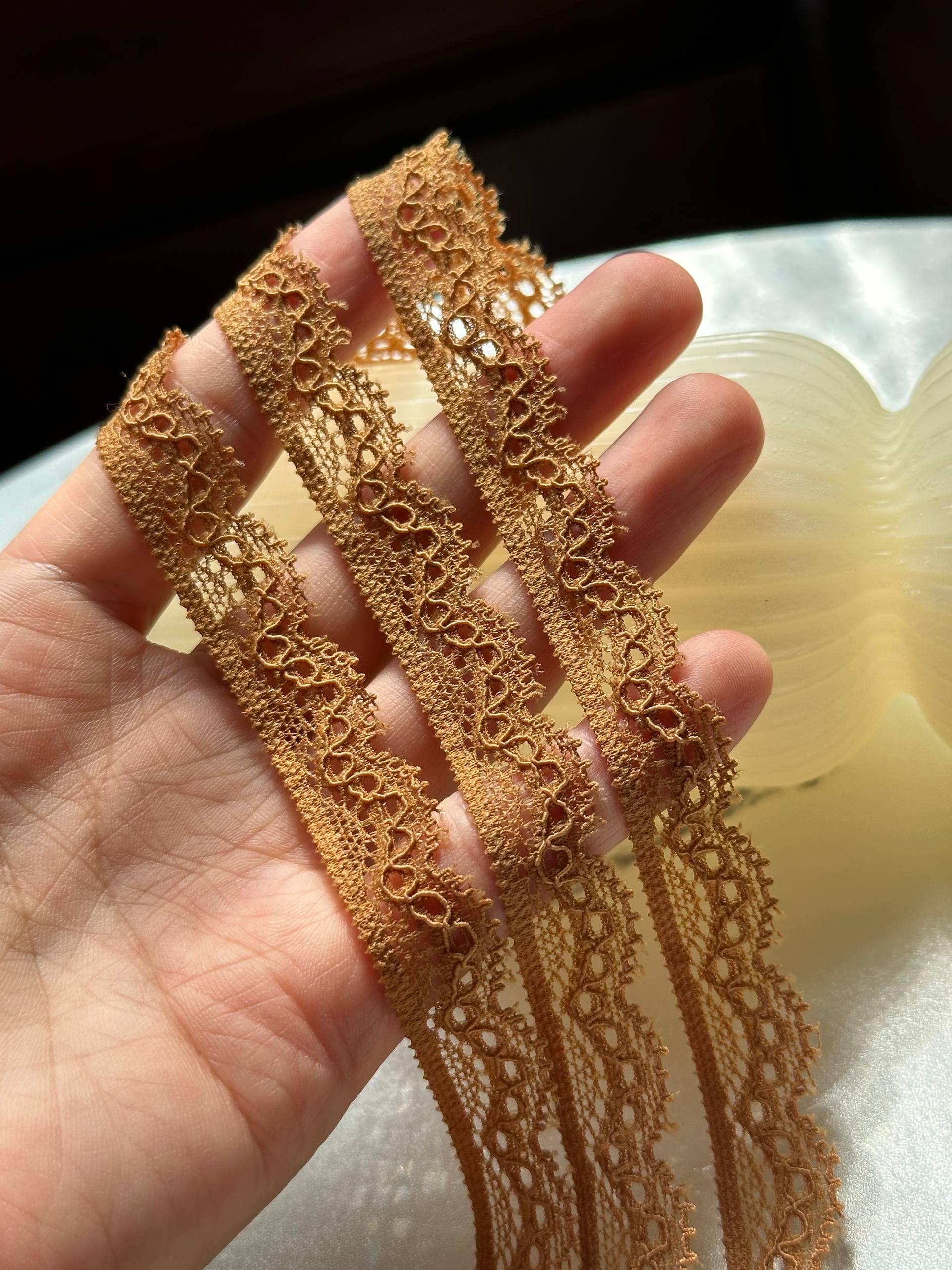 Caramel Camel Brown Cordonnet Corded Stretch Elastic Lace Trim Single Scalloped Narrow Ribbon for Lingerie Underwear Crafts Sewing, 0.6"