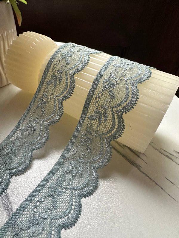 Dusty Sage Mint Blue Foliage  Stretch Elastic Lace Trim Single Scalloped Narrow Ribbon for Lingerie Underwear Hair Bows Crafts Sewing, 1.25"