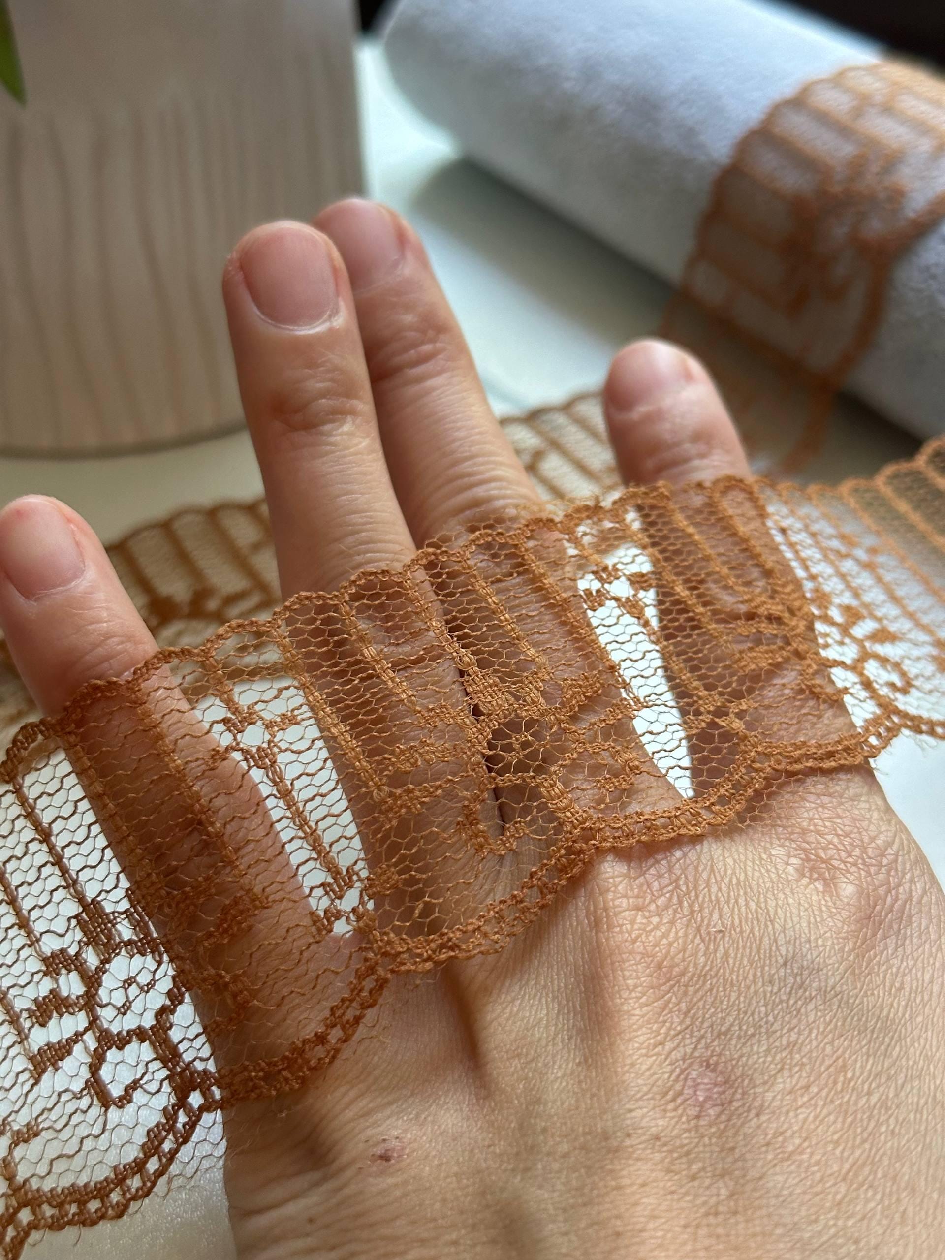 CLEARANCE！Amber Bronze Brown Rigid Non Stretch Lace Trim by the Yard, Structured Scalloped Ribbon for Hair Bows Crafts, 1.6"