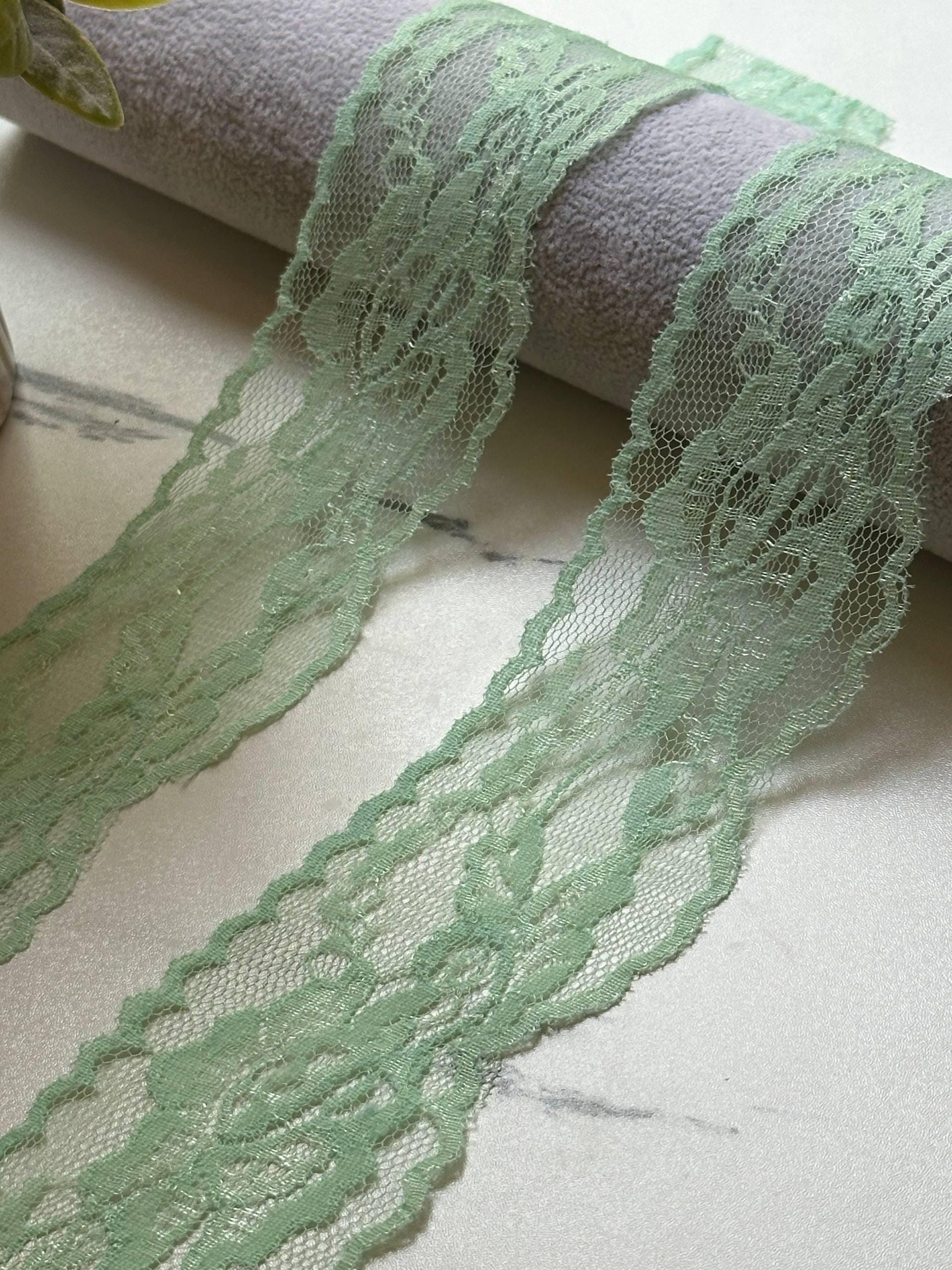 Mint Sage Green Floral Non Stretch Rigid Lace Trim by the Yard, Wide Scalloped Galloon Ribbon for Bridal Crafts, 2"