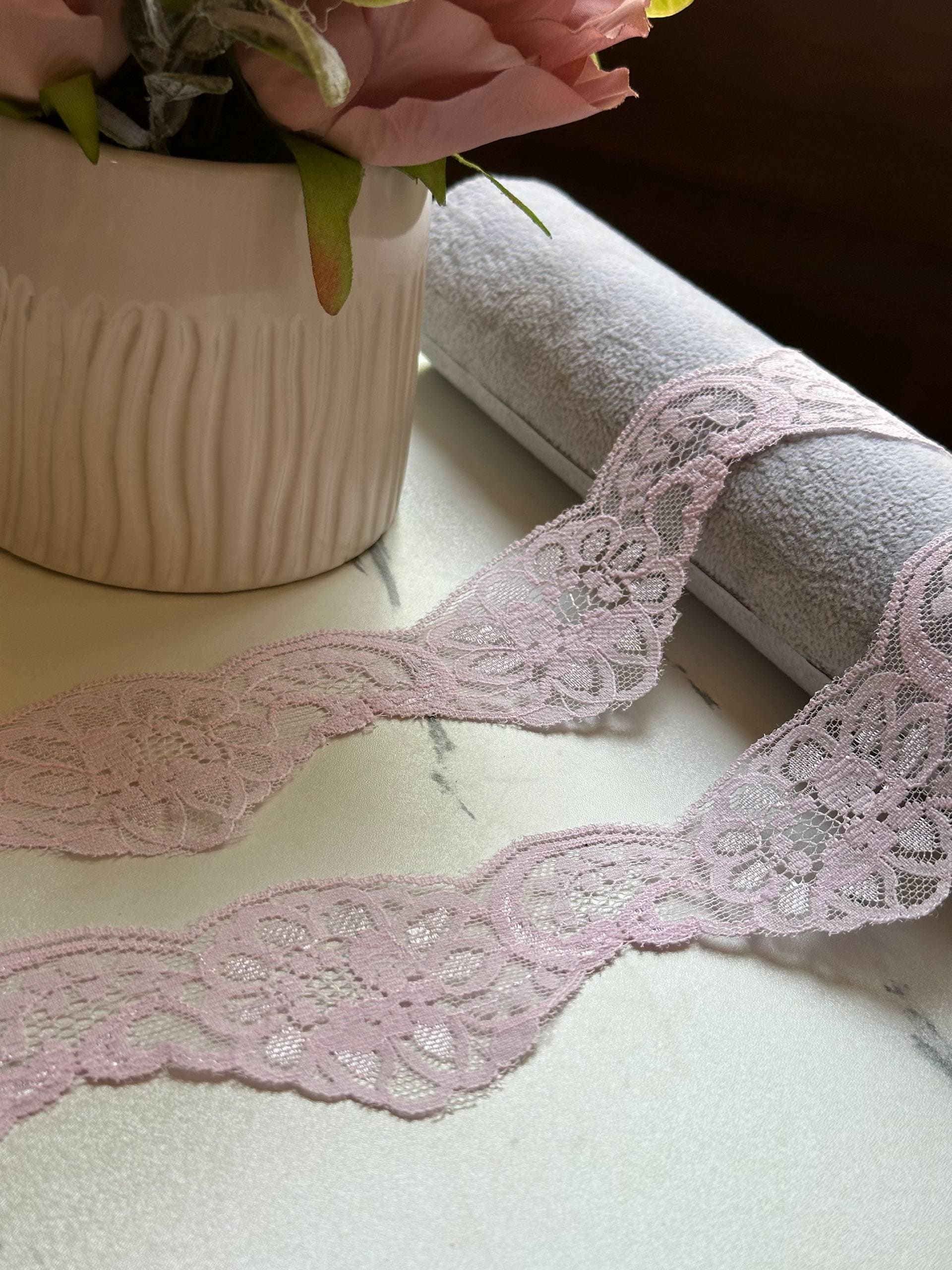 Dusty Mauve Pink Floral Scalloped Non Stretch Lace Trim by the Yard, Wavy Edge Galloon Ribbon for Apparel Crafts, 1.85"