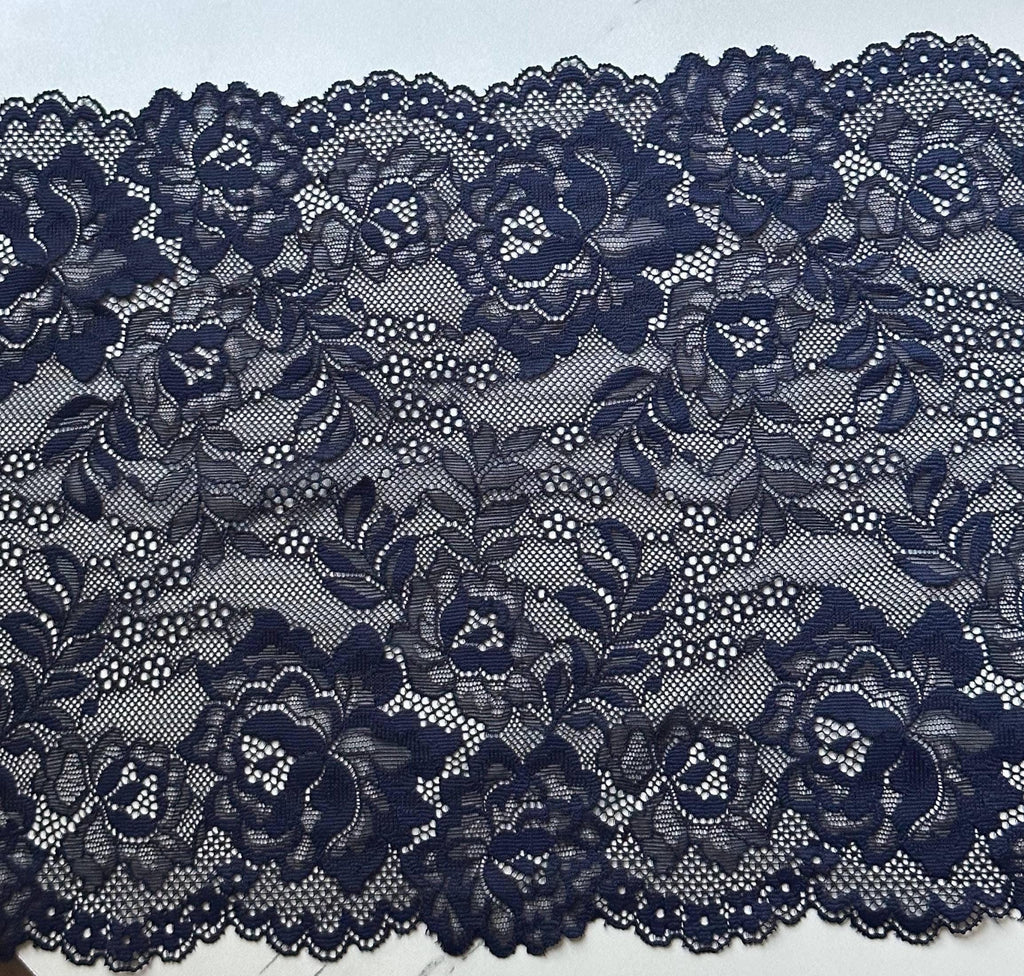 Navy Blue Floral Stretch Lace Trim by the Yard, Extra Wide Scalloped Elastic Ribbon for Lingerie Apparel, 9"