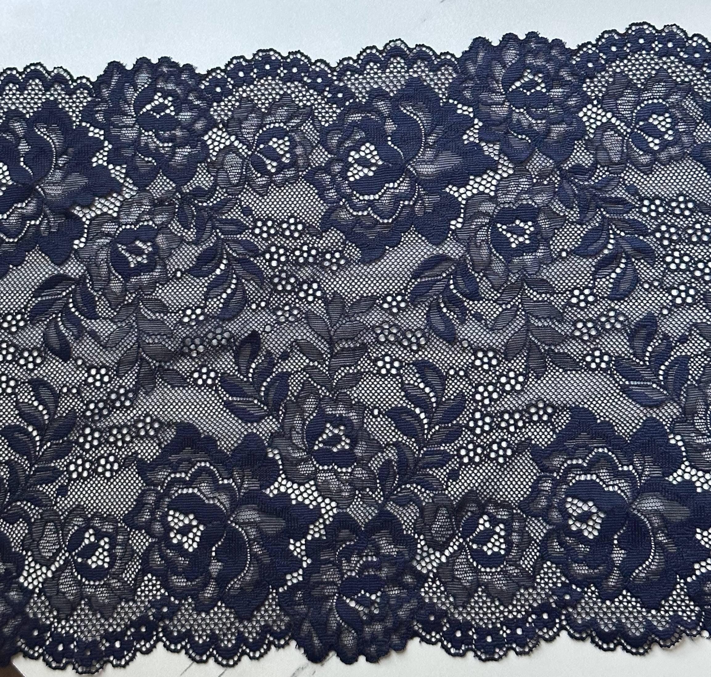 Navy Blue Floral Stretch Lace Trim by the Yard, Extra Wide Scalloped Elastic Ribbon for Lingerie Apparel, 9"