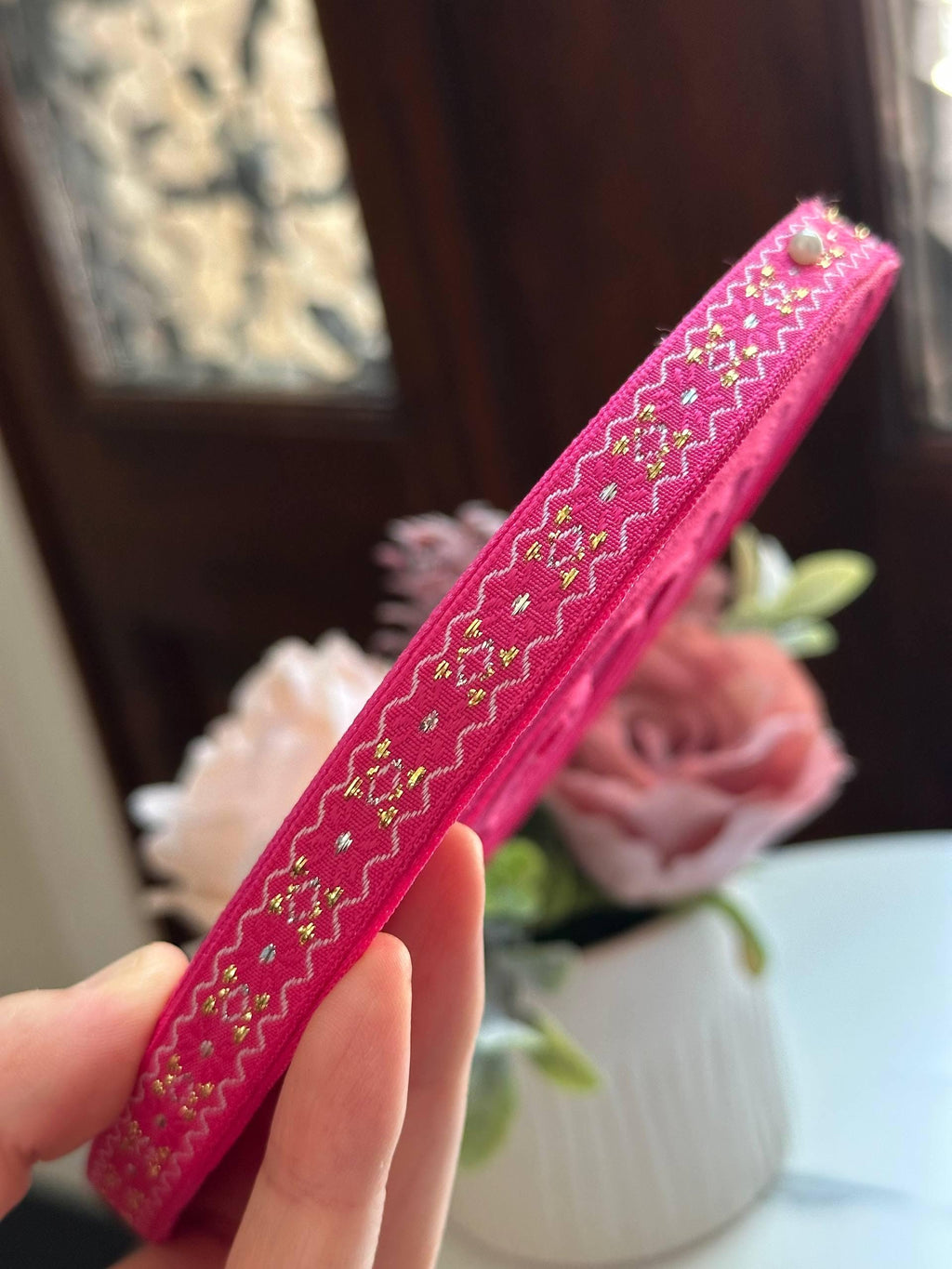 Hot Pink Magenta Metallic Gold Embroidered Jacquard Webbing Tape Trim by the Yard, Woven Folk Ribbon for Crafts Apparel, 0.5"
