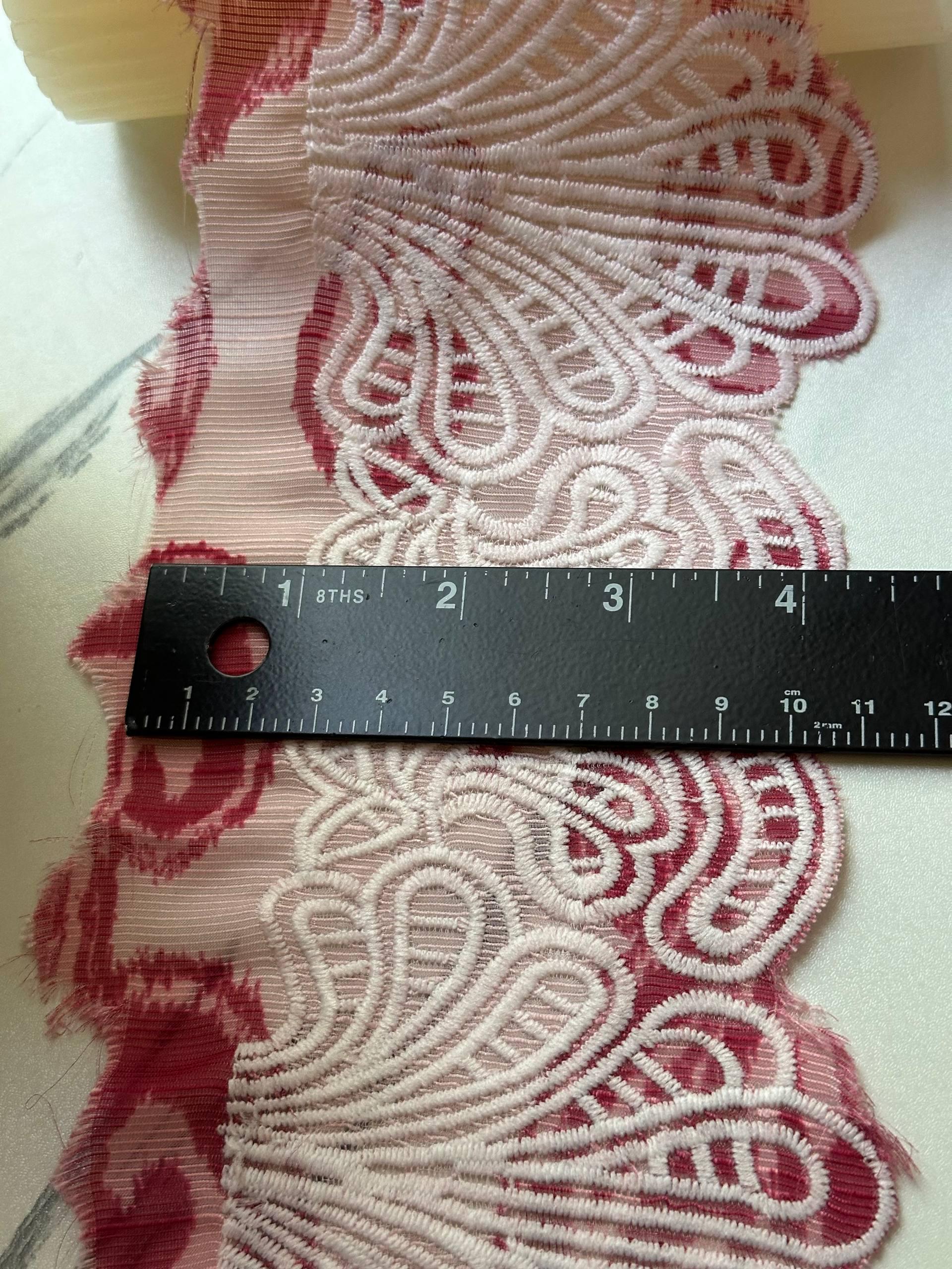 Vintage Berry Pink Paisley Scalloped Corded Embroidery Lace Trim by the Yard, Wide Fabric Mesh Ribbon for Apparel, 4"