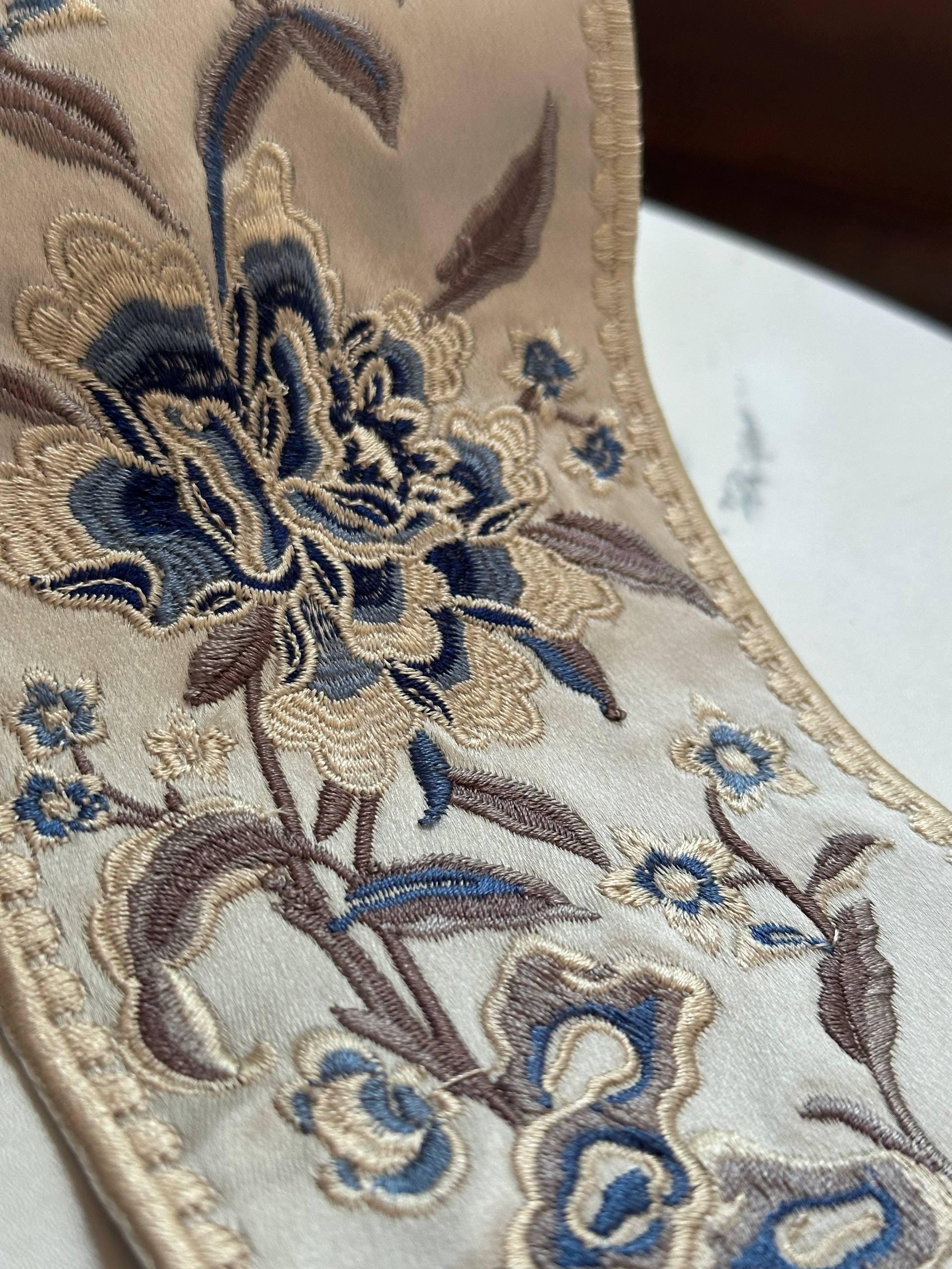 Vintage Beige Blue Floral Heavy Jacquard Embroidered Ribbon Fabric Trim by the Half Yard, Wide Border for Home Decor Apparel, 3.8"