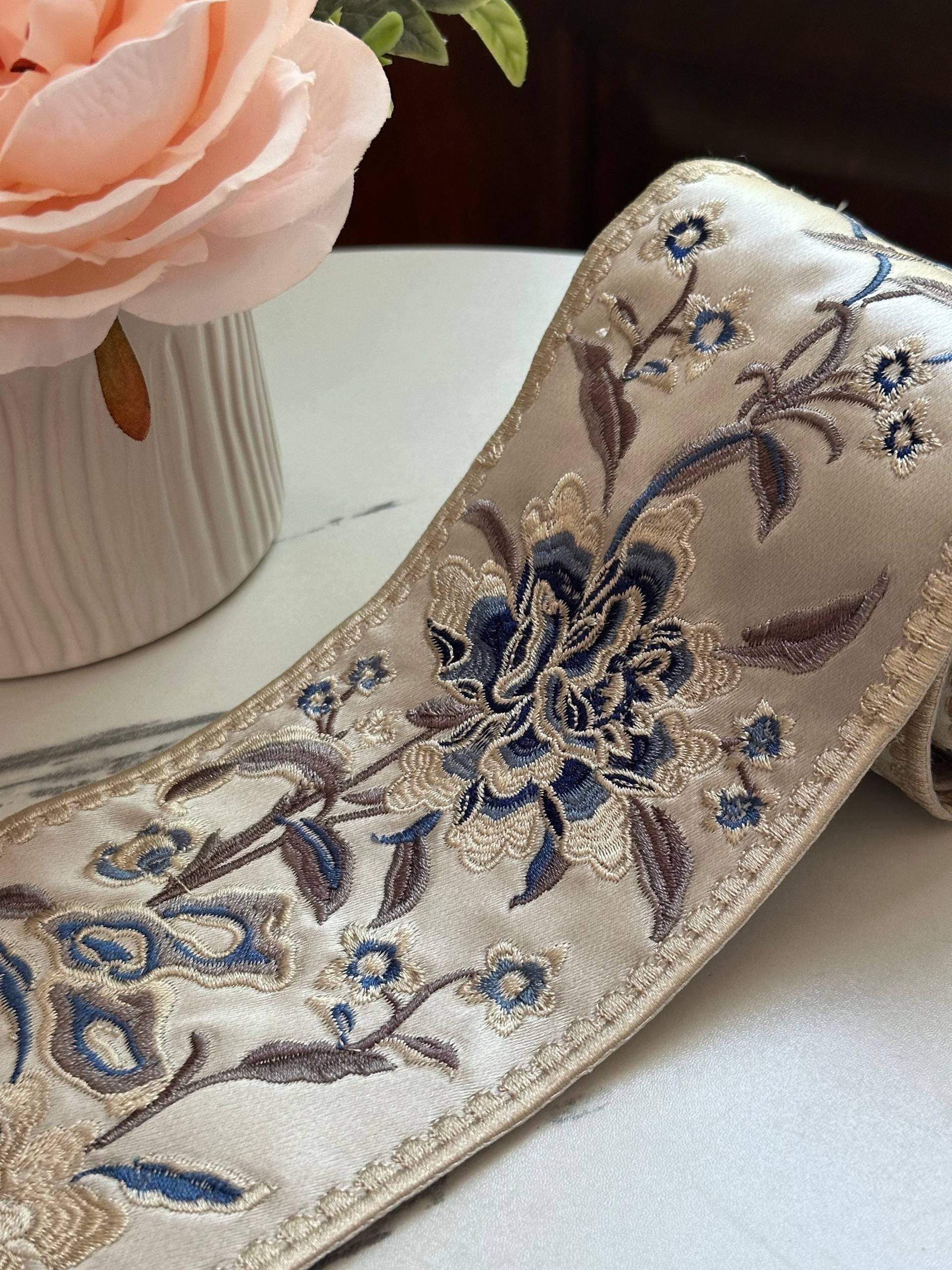 Vintage Beige Blue Floral Heavy Jacquard Embroidered Ribbon Fabric Trim by the Half Yard, Wide Border for Home Decor Apparel, 3.8"