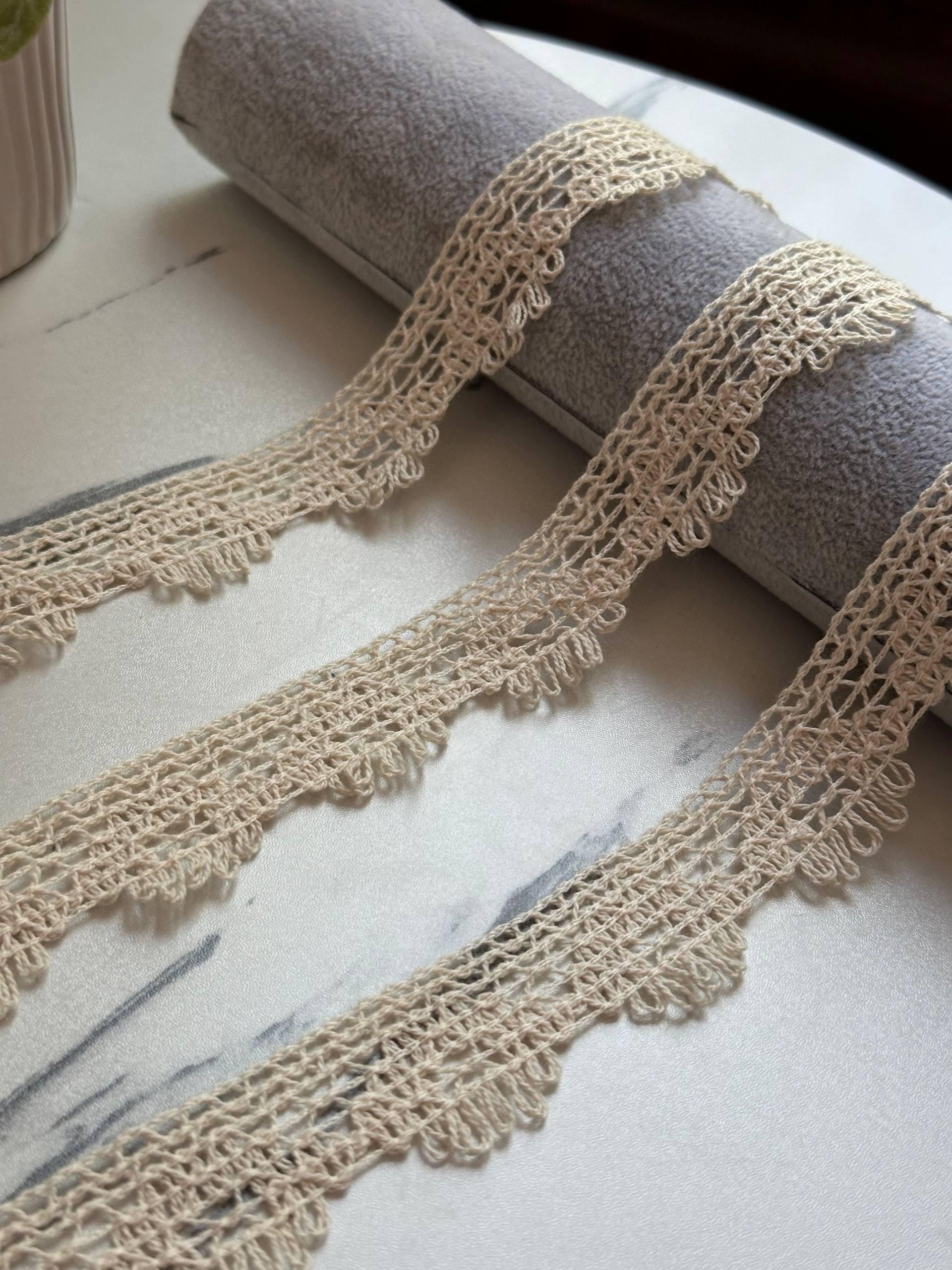 Natural Beige Cotton Crochet Lace Trim by the Yard, Narrow Scalloped Fringe Ribbon for Cottagecore Junk Journal, 1"