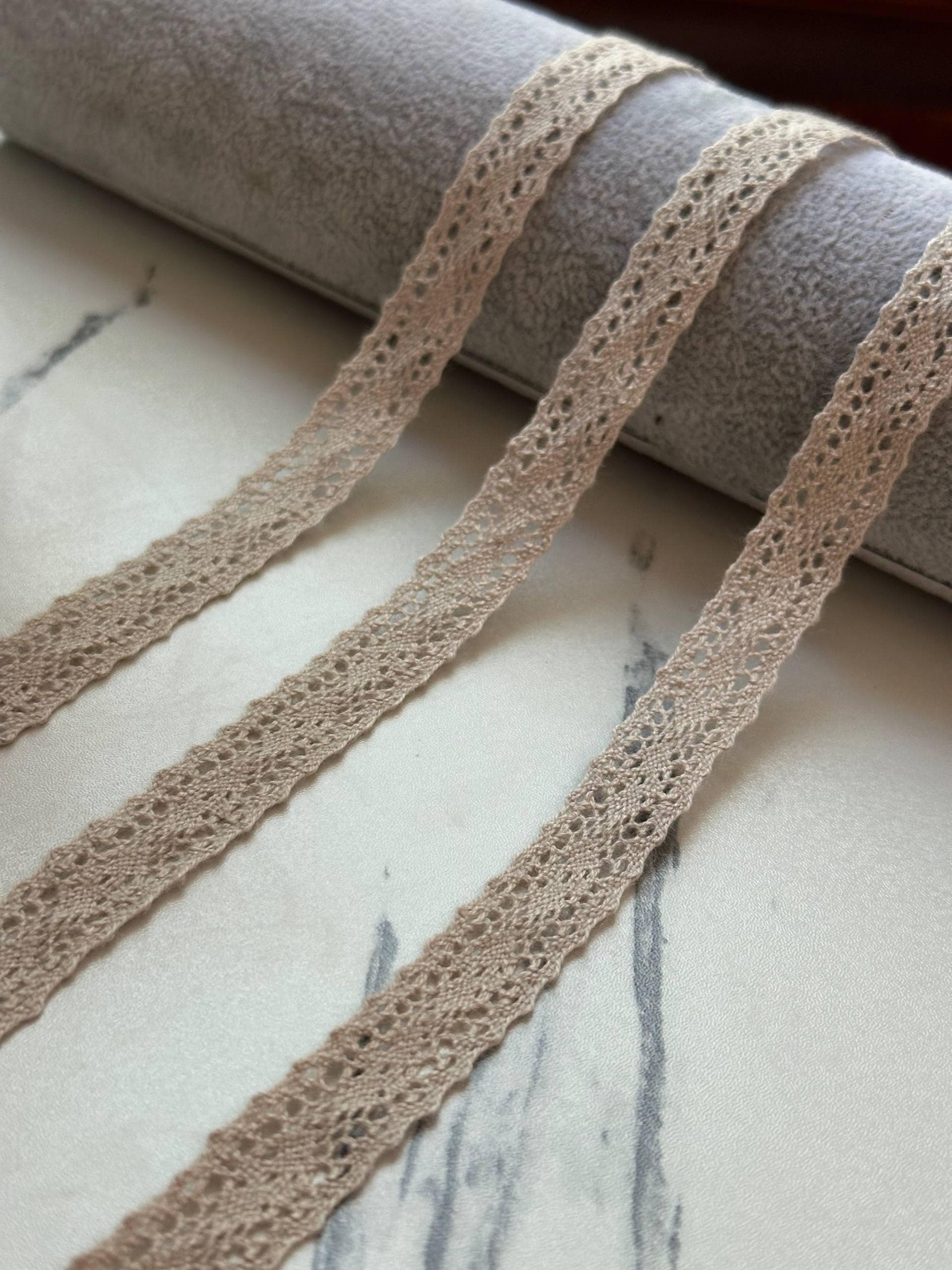 Natural Beige Cotton Crochet Insertion Lace Trim by the Yard, Narrow Openwork Lattice Ribbon for Cottagecore Crafts, 0.5"