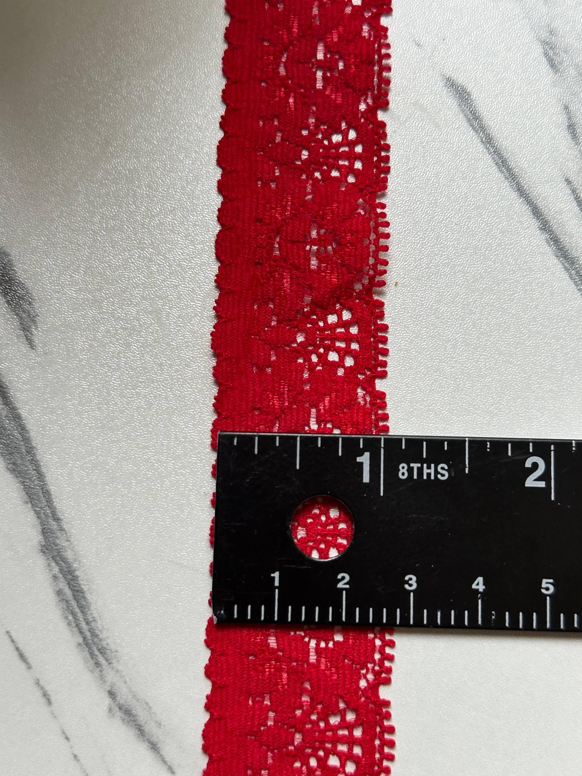 Deep Retro Red Floral Stretch Elastic Lace Trim Symmetrical Double Scalloped Narrow Ribbon for Lingerie Underwear Hair Bows Crafts, 1"
