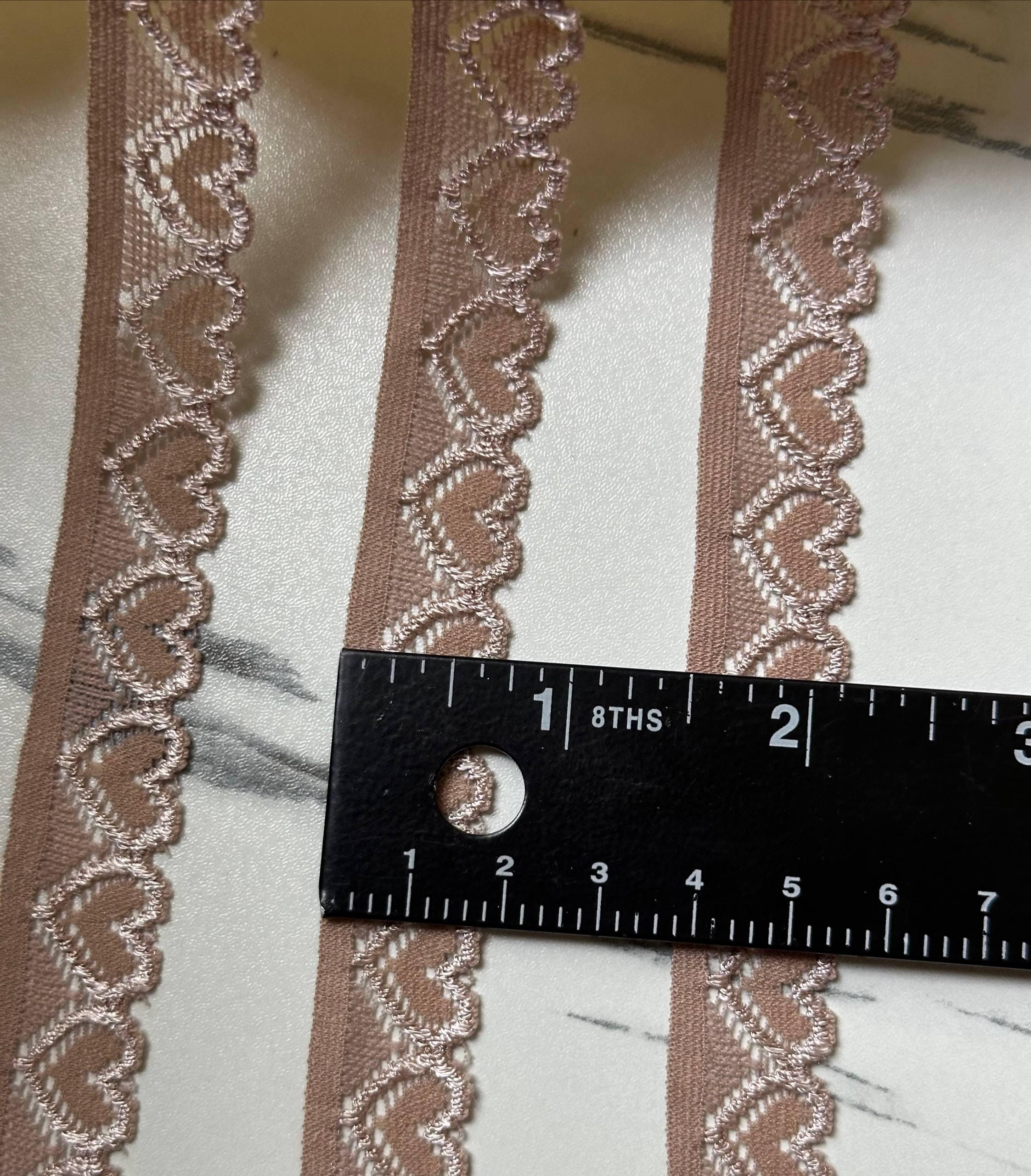 Dusty Rose Mauve Heart Stretch Elastic Lace Trim Single Scalloped Narrow Ribbon for Lingerie Underwear Hair Bows Crafts, 0.7"